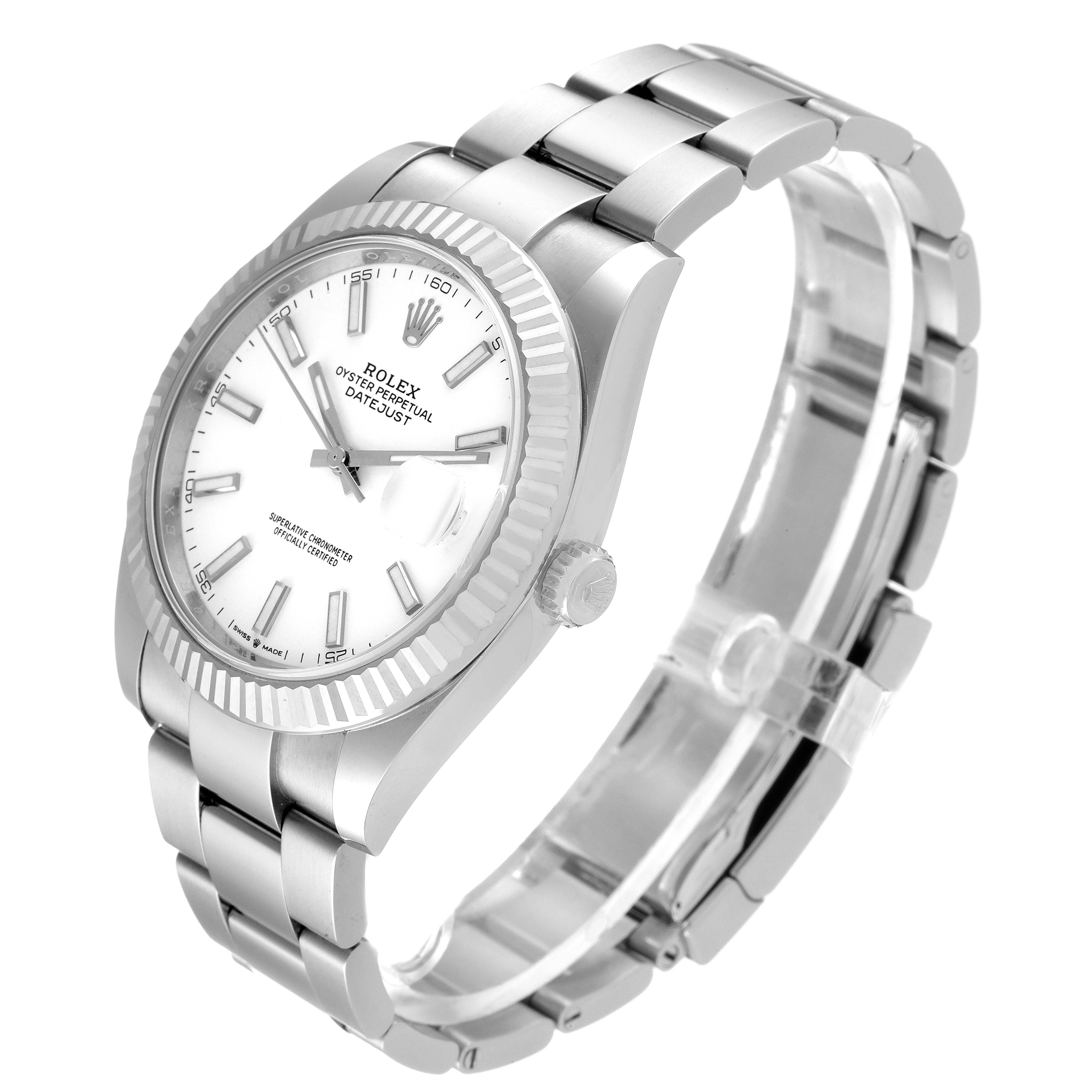 The Rolex Datejust 41 126334 Men
s Stainless Steel White Dial 126334 Men
s Stainless Steel White Dial watch is shown at a slight angle, displaying the dial, bezel, crown, and stainless steel bracelet.