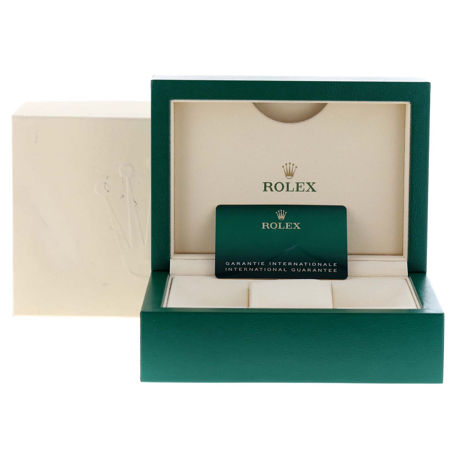 The image shows the open packaging box and international guarantee card for a Rolex Datejust 41 126334 Men
s Stainless Steel White Dial 126334 Men
s Stainless Steel White Dial.