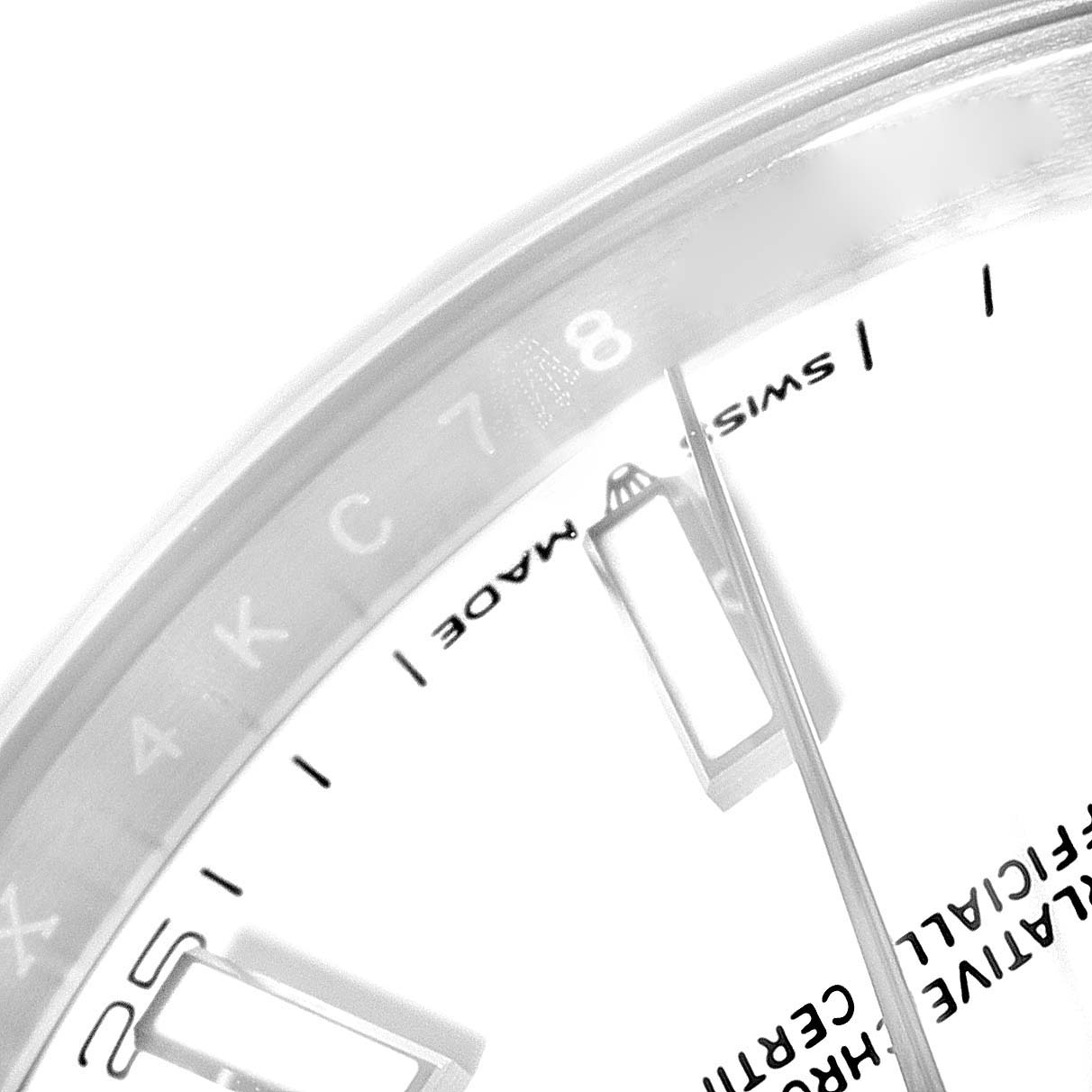 The image shows a close-up of the dial edge and part of the minute hand of the Rolex Datejust 41 126334 Men
s Stainless Steel White Dial 126334 Men
s Stainless Steel White Dial watch.