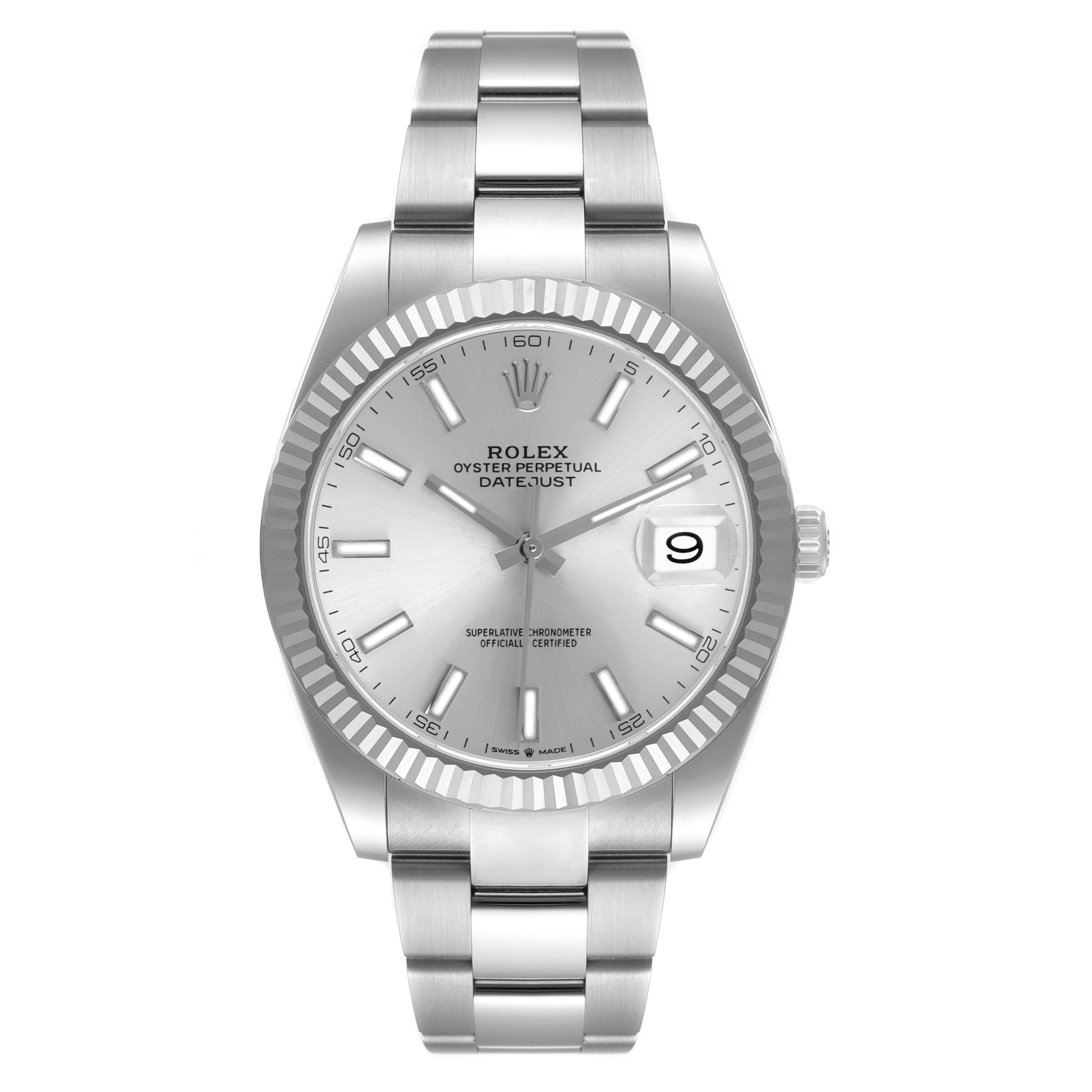 Front view of the Rolex Datejust 41 126334 Men's Stainless Steel Silver Dial 126334 Men's Stainless Steel Silver Dial model, showcasing its dial, bezel, and bracelet.