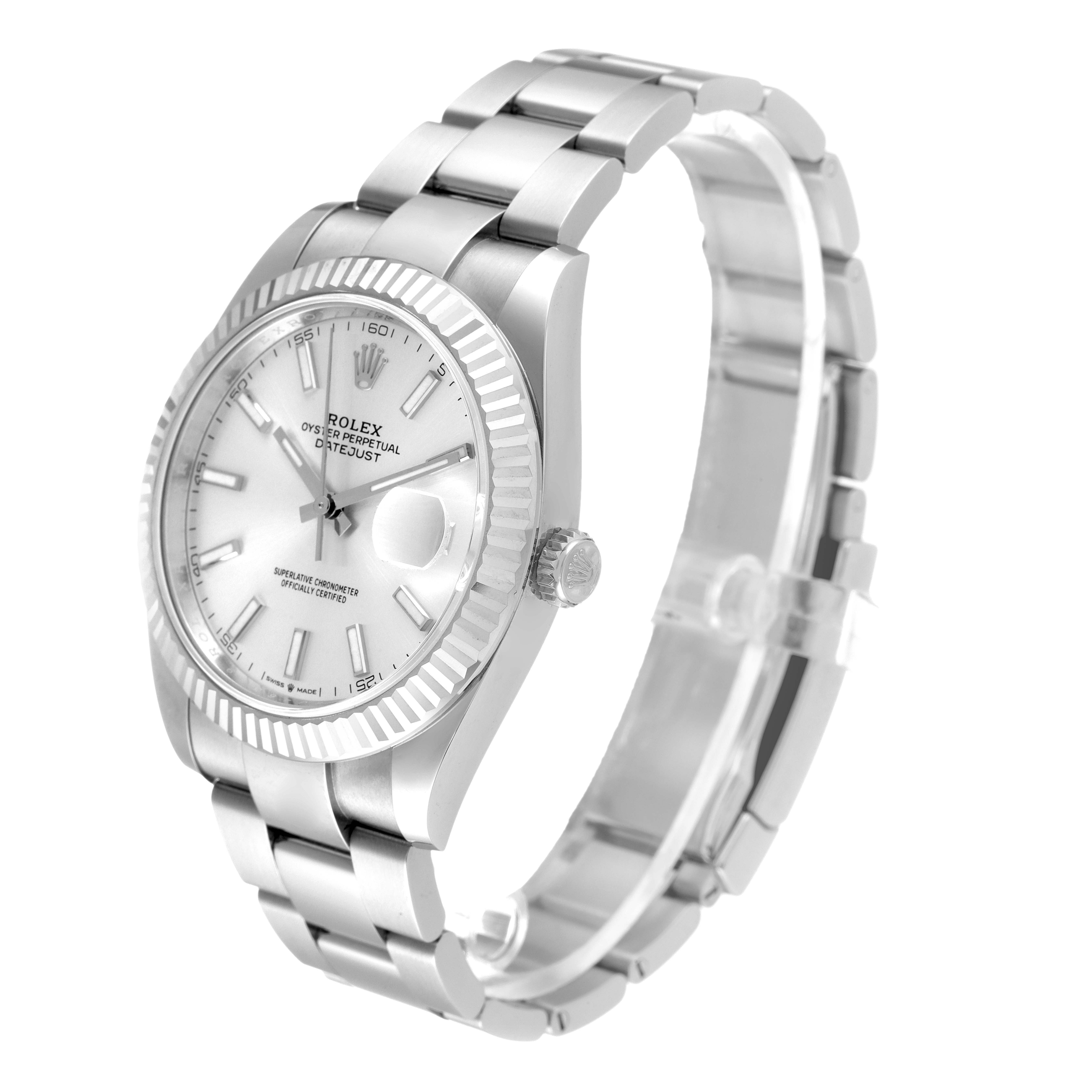 The image shows a Rolex Datejust 41 126334 Men's Stainless Steel Silver Dial 126334 Men's Stainless Steel Silver Dial model from an angled side view, highlighting the silver bracelet, dial, and fluted bezel.