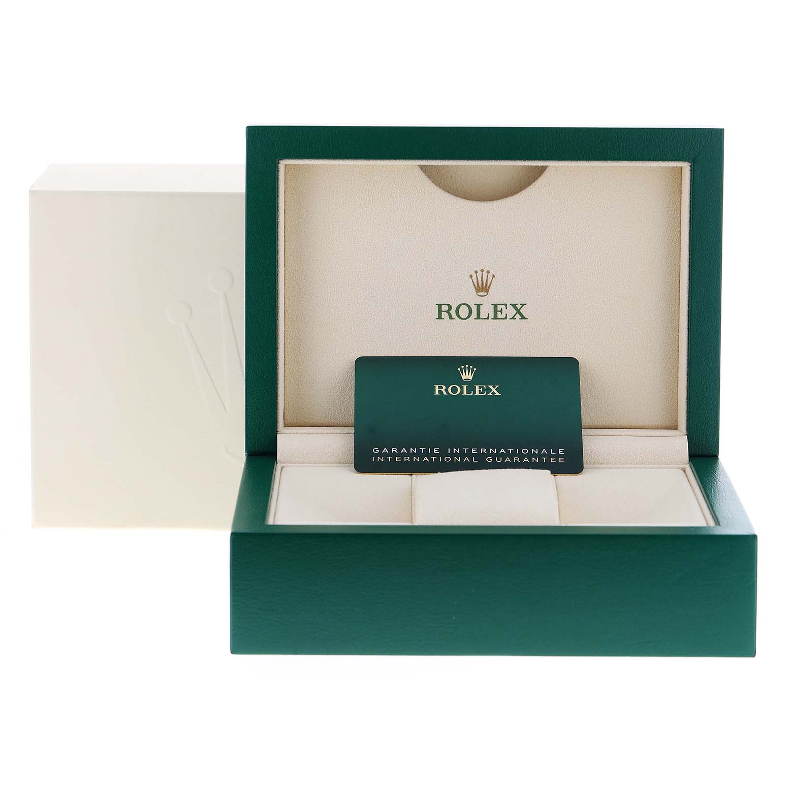 The image shows the packaging and warranty card for the Rolex Datejust 41 126334 Men's Stainless Steel Silver Dial 126334 Men's Stainless Steel Silver Dial model.