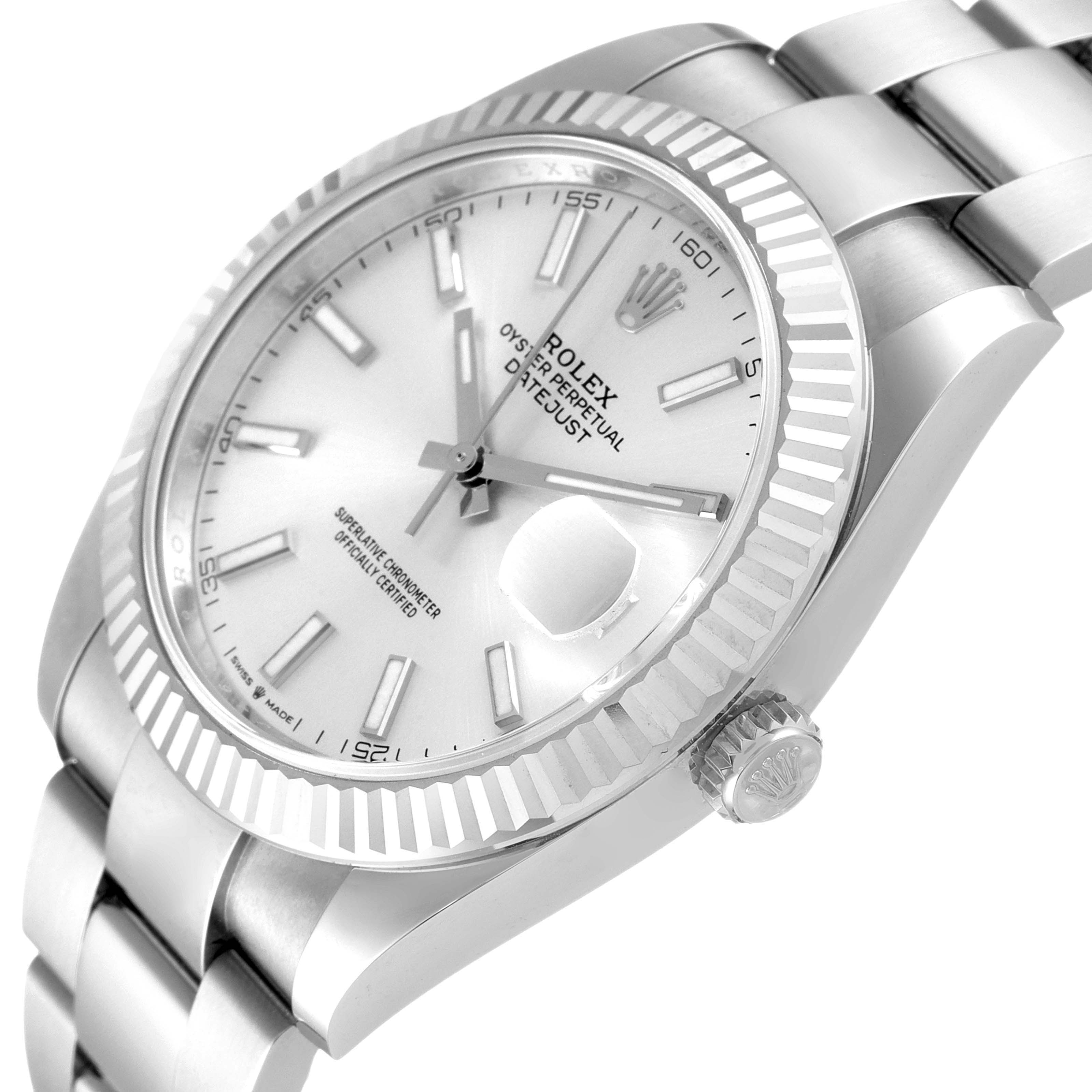 The image shows a Rolex Datejust 41 126334 Men's Stainless Steel Silver Dial 126334 Men's Stainless Steel Silver Dial watch from a slight side angle, highlighting the dial, bezel, and part of the bracelet.