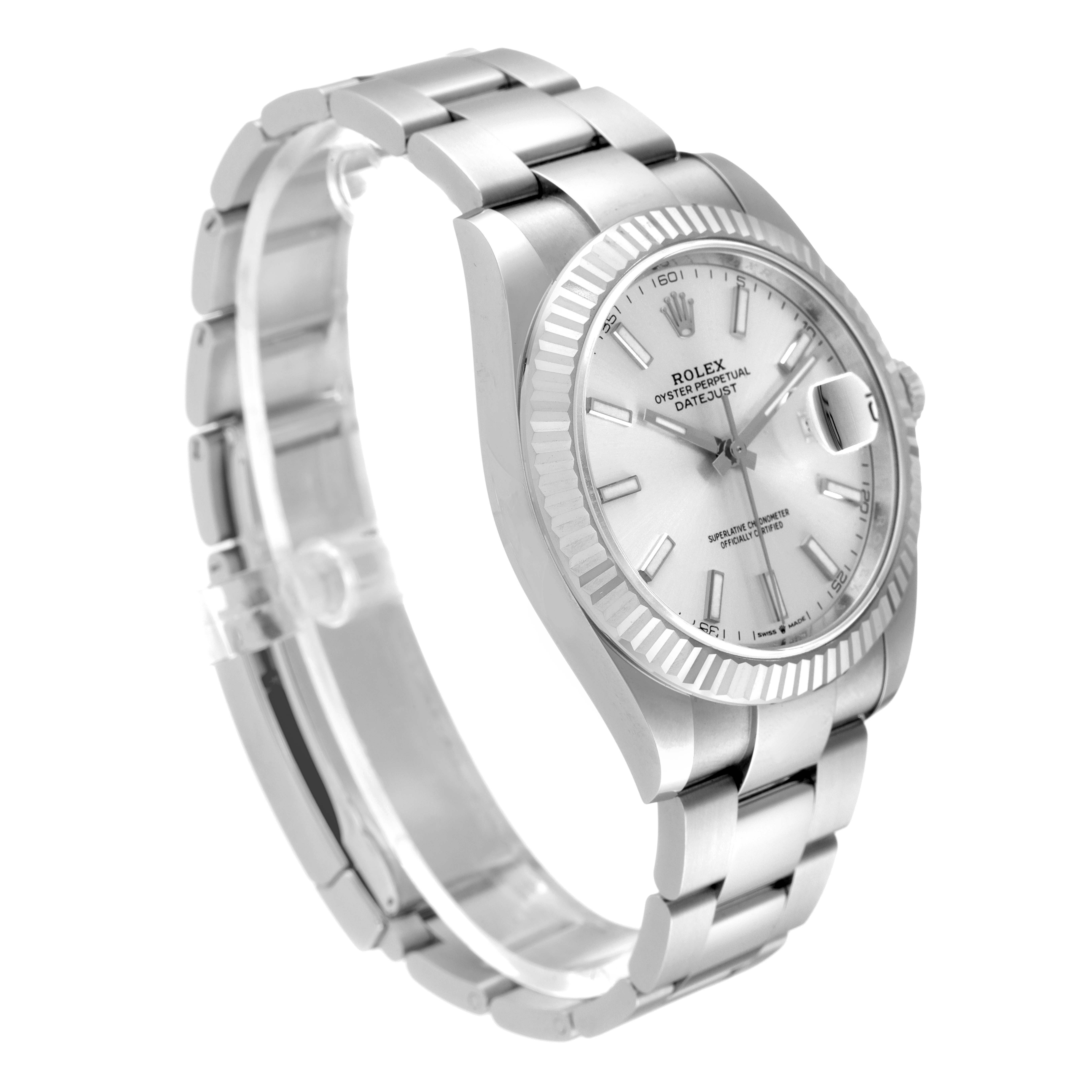 A Rolex Datejust 41 126334 Men's Stainless Steel Silver Dial 126334 Men's Stainless Steel Silver Dial watch is shown from a side angle, displaying its silver dial, fluted bezel, and Oyster bracelet.