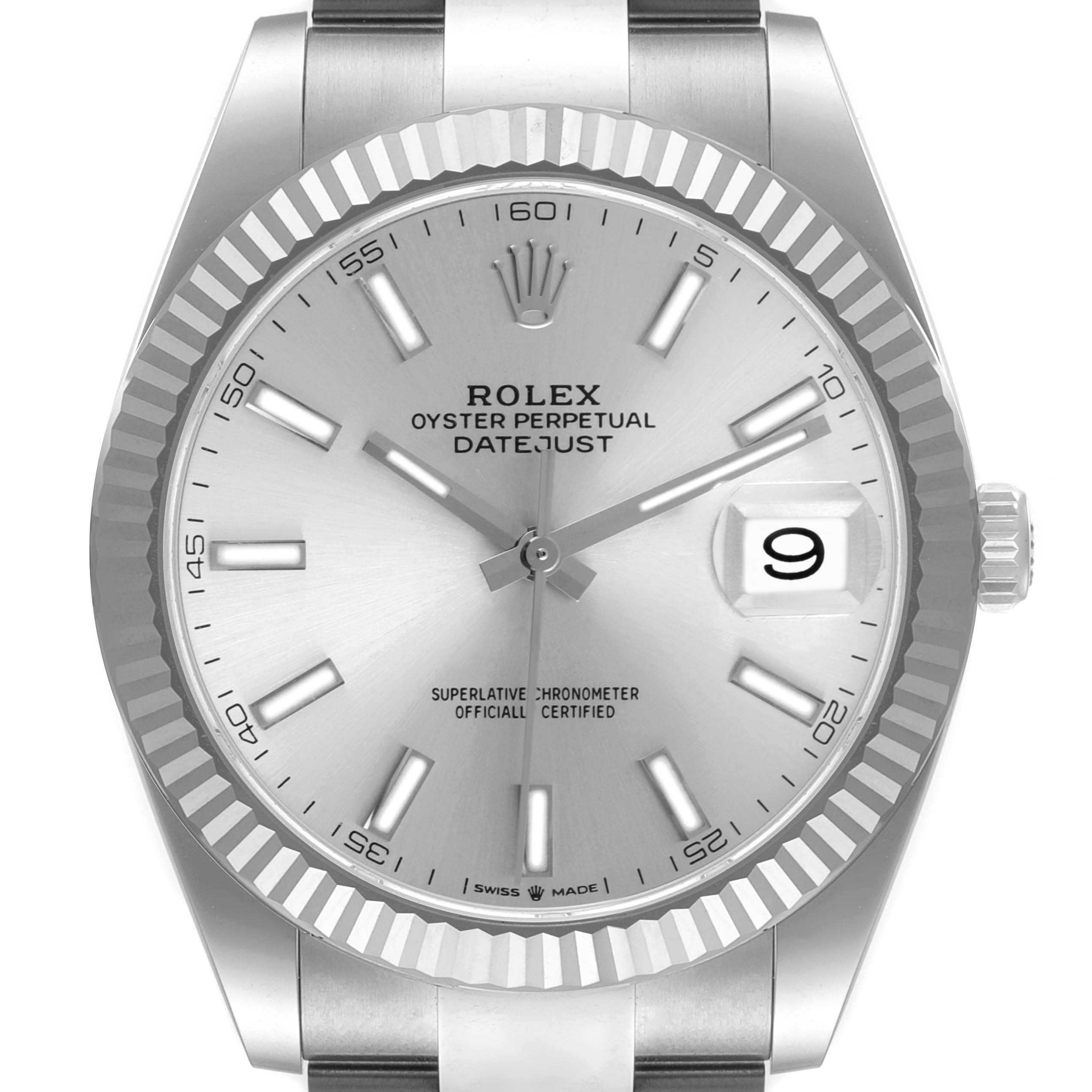 The image shows a front view of the Rolex Datejust 41 126334 Men's Stainless Steel Silver Dial 126334 Men's Stainless Steel Silver Dial, highlighting the dial, hands, bezel, and date window.