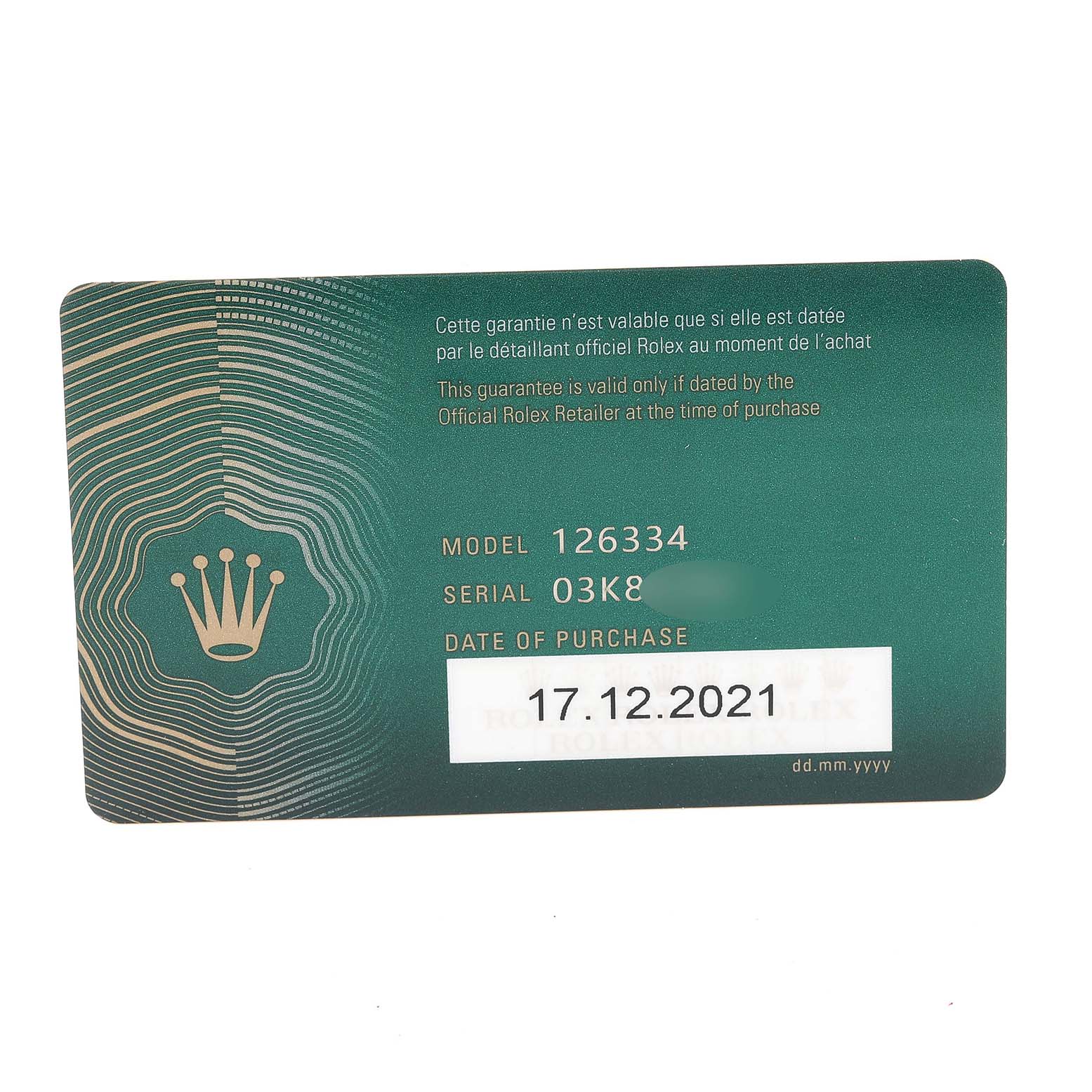 The image shows the warranty card for a Rolex Datejust 41 126334 Men
s Stainless Steel Grey Dial 126334 Men
s Stainless Steel Grey Dial model 126334, displaying the serial number and purchase date.