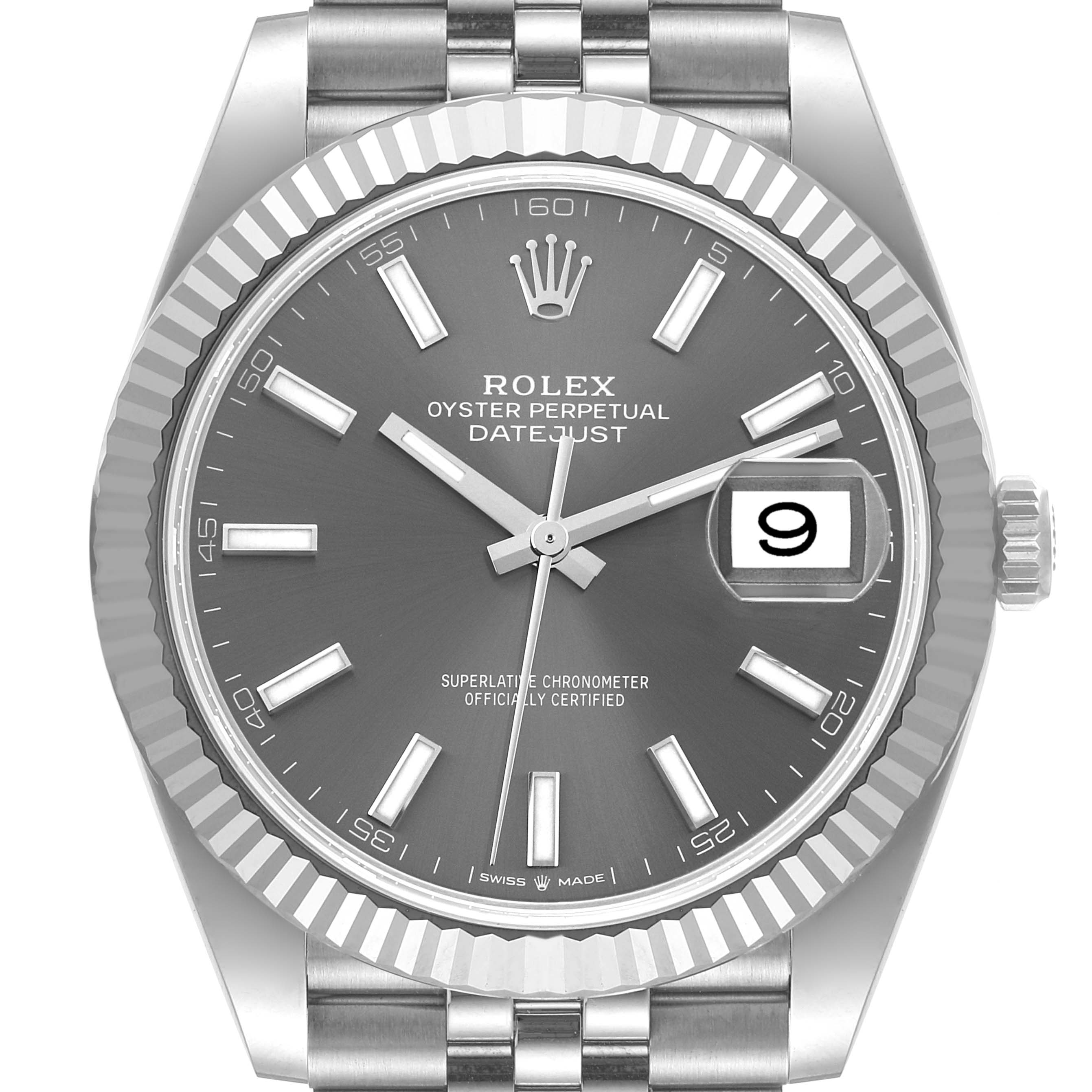 This image shows a front view of a Rolex Datejust 41 126334 Men
s Stainless Steel Grey Dial 126334 Men
s Stainless Steel Grey Dial watch, highlighting the dial, hands, bezel, date window, and part of the bracelet.