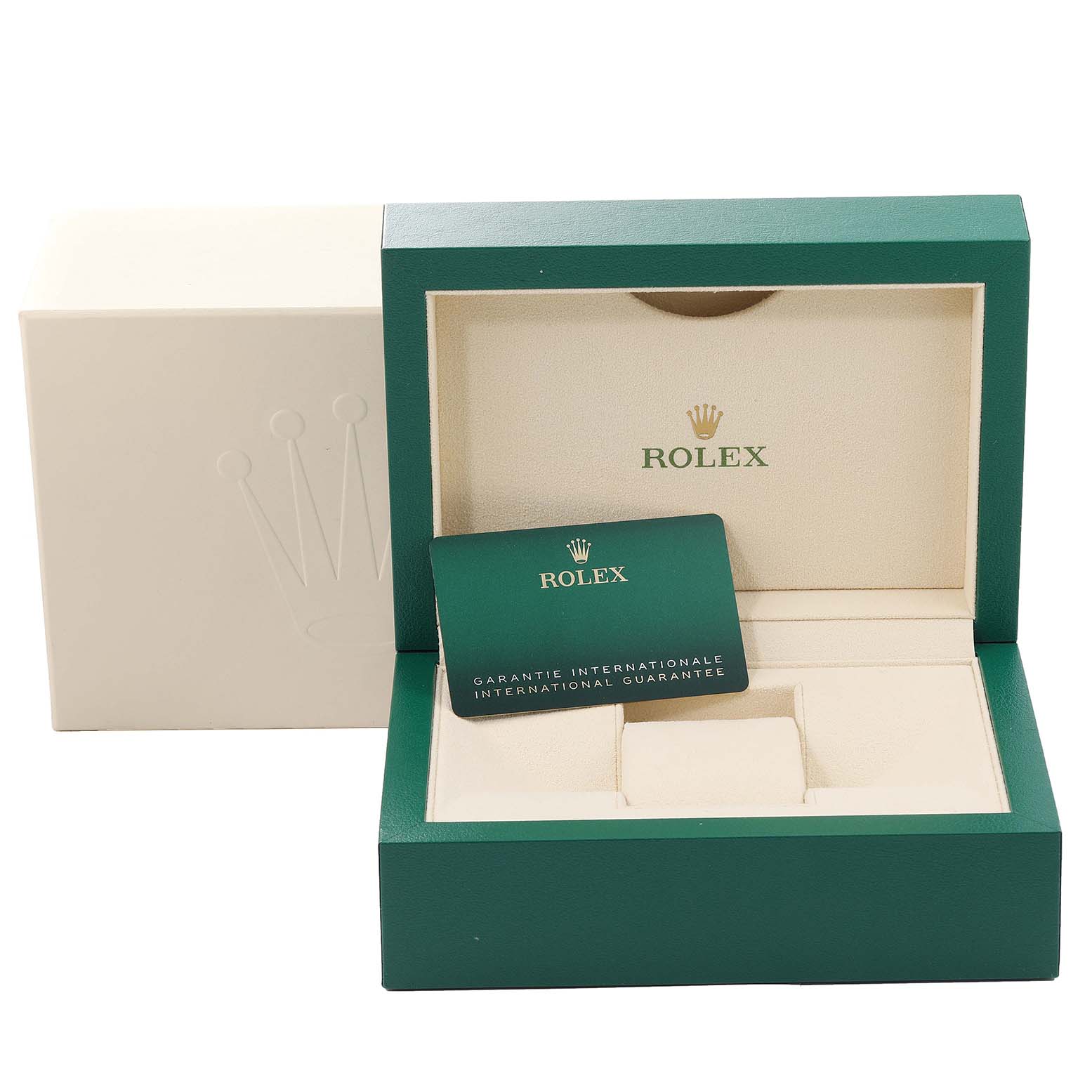 This image shows the opened packaging and international guarantee card for a Rolex Datejust 41 126334 Men
s Stainless Steel Grey Dial 126334 Men
s Stainless Steel Grey Dial watch.