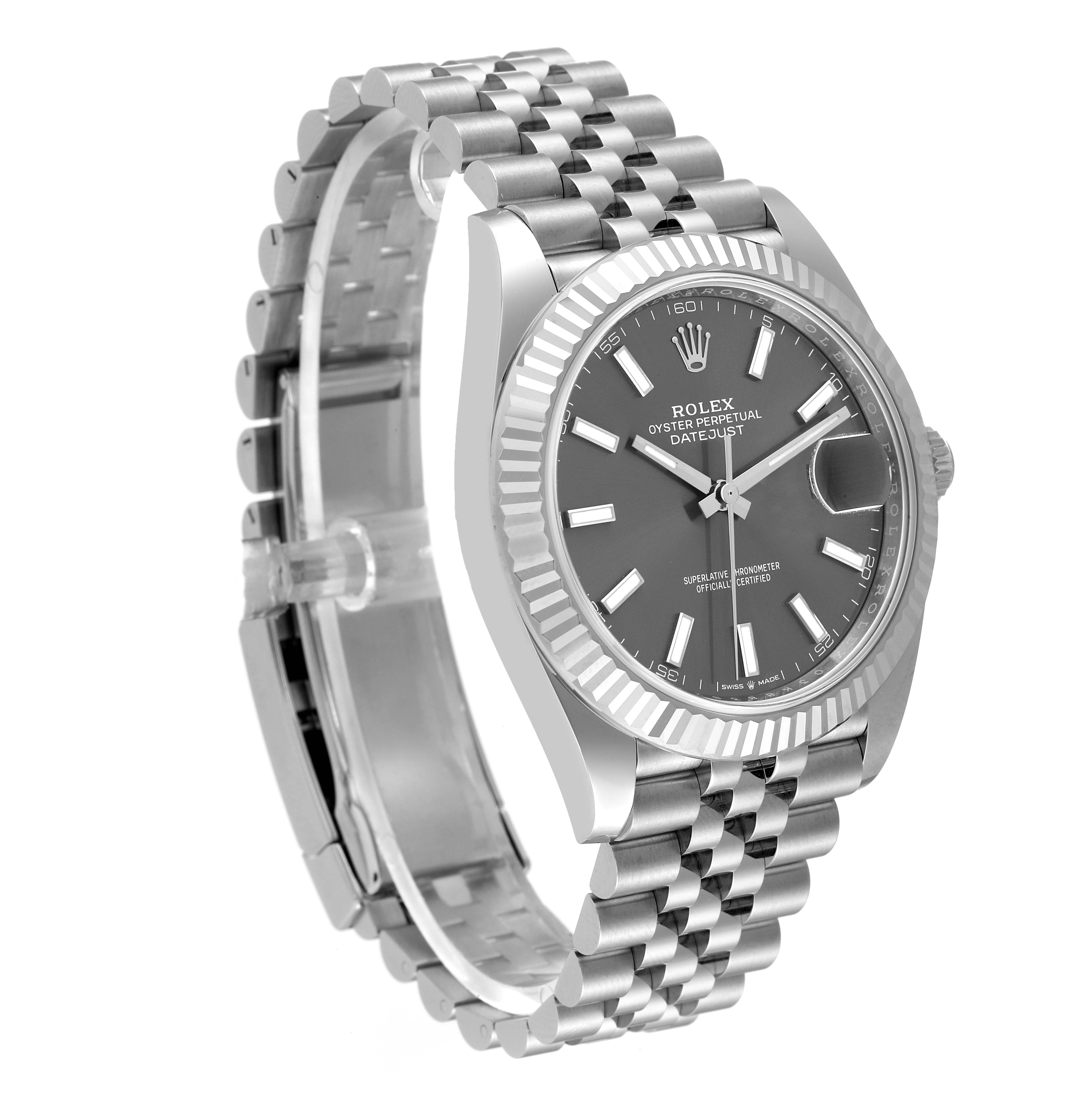The image shows a Rolex Datejust 41 126334 Men
s Stainless Steel Grey Dial 126334 Men
s Stainless Steel Grey Dial model watch at a three-quarter angle, highlighting the face, bezel, and bracelet.