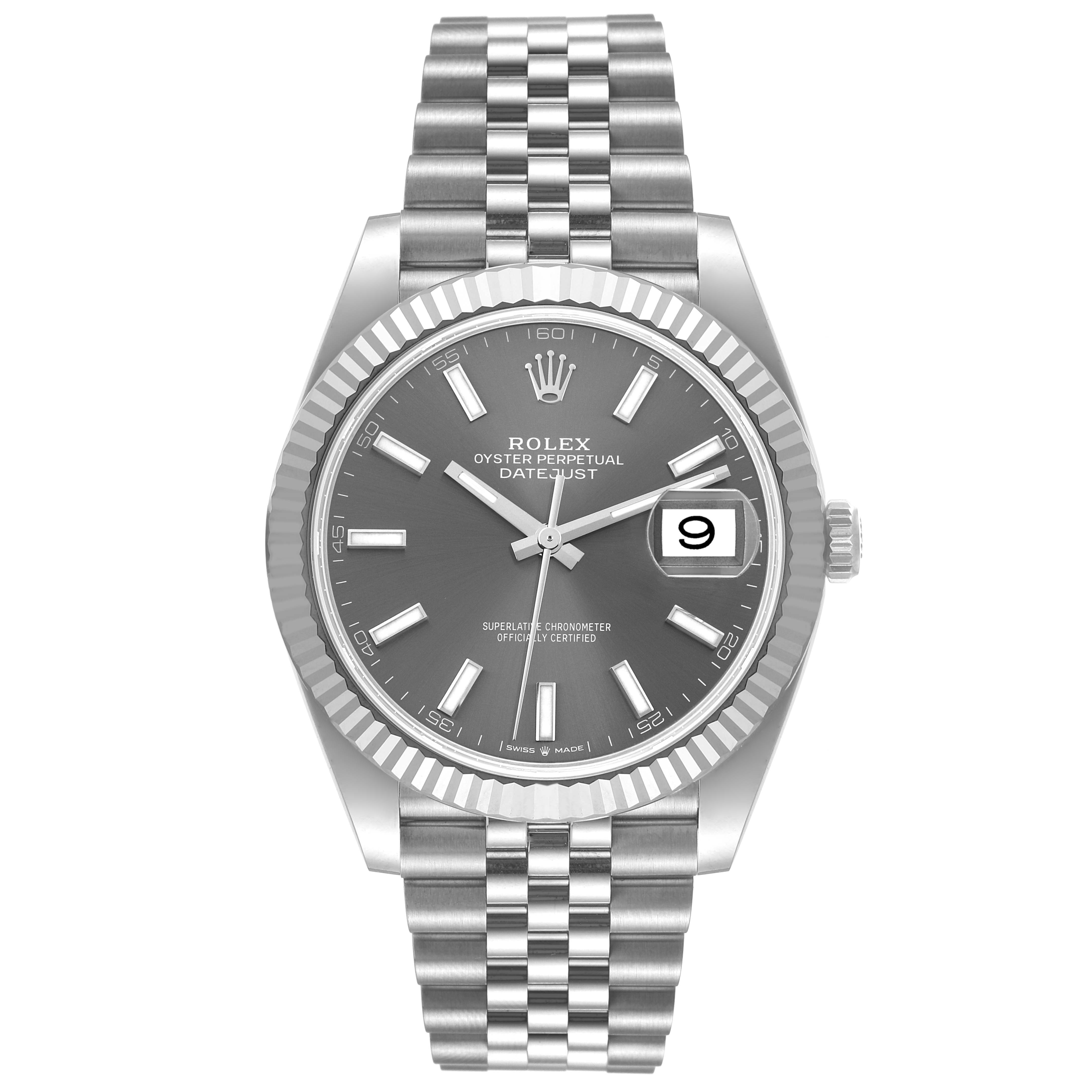 The image shows a Rolex Datejust 41 126334 Men
s Stainless Steel Grey Dial 126334 Men
s Stainless Steel Grey Dial watch from a front angle, displaying its face, bezel, and bracelet.