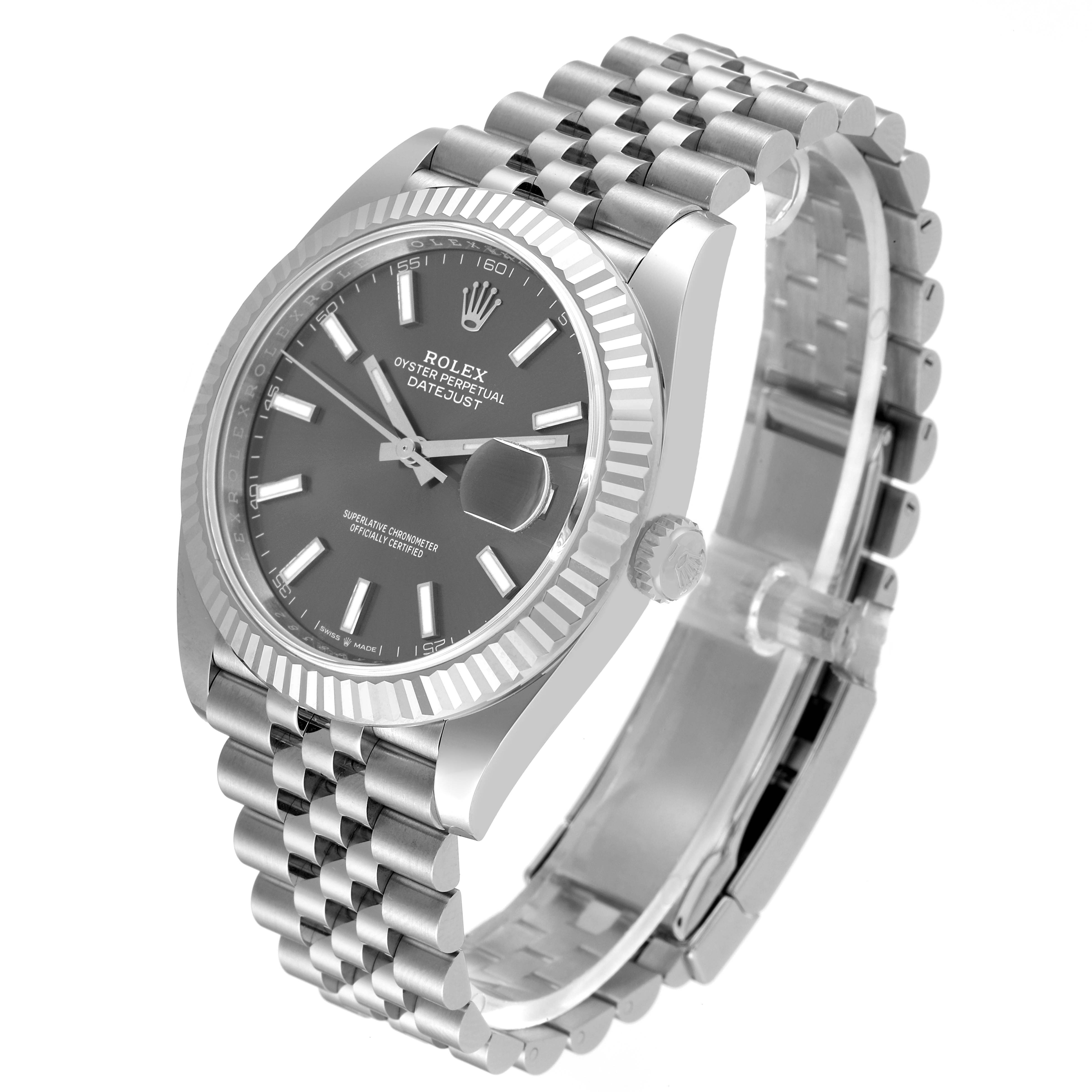 This image shows a Rolex Datejust 41 126334 Men
s Stainless Steel Grey Dial 126334 Men
s Stainless Steel Grey Dial model watch at a three-quarter angle, highlighting its dial, bezel, and bracelet.