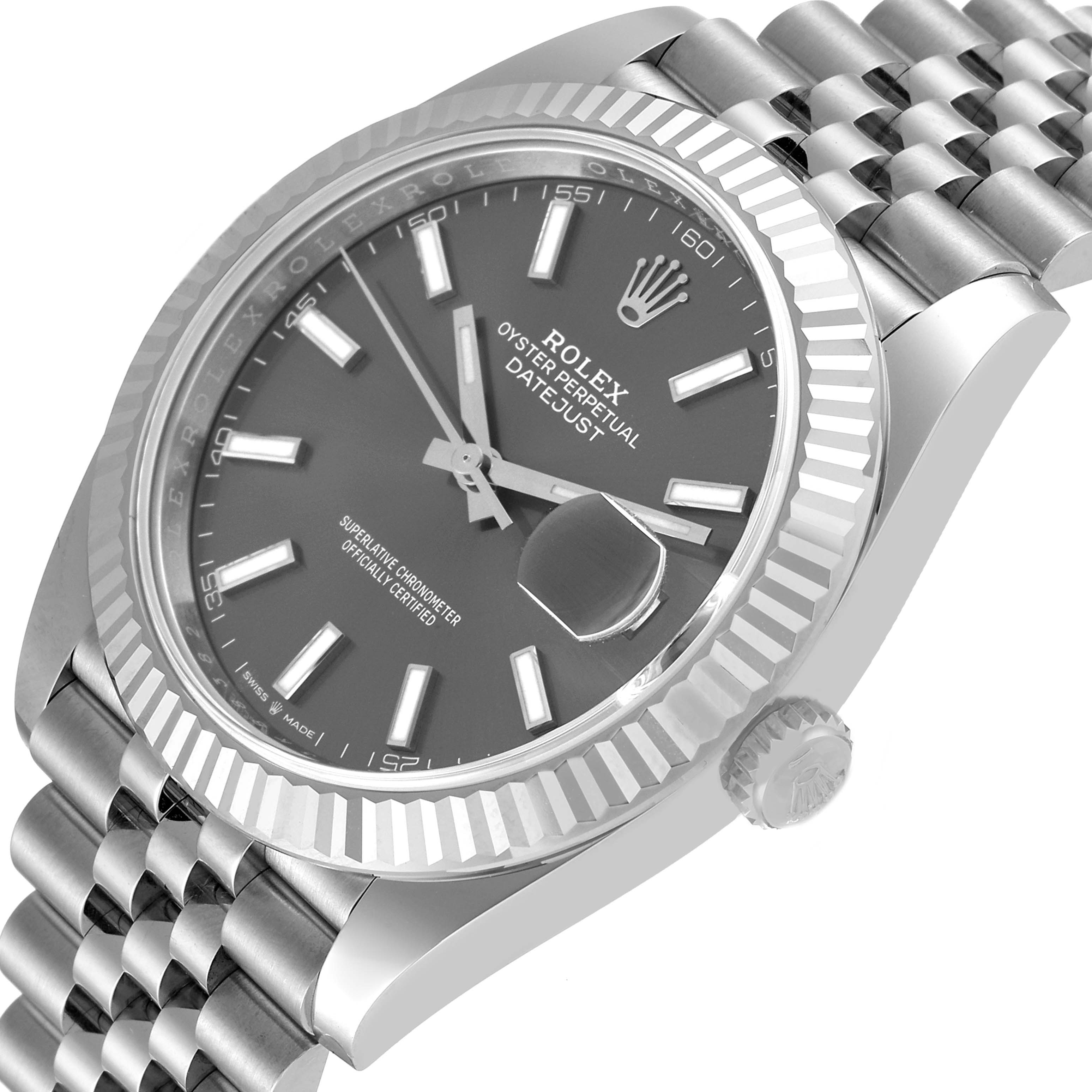 The Rolex Datejust 41 126334 Men
s Stainless Steel Grey Dial 126334 Men
s Stainless Steel Grey Dial watch is shown at a slight angle, highlighting its dial, bezel, crown, and part of the bracelet.