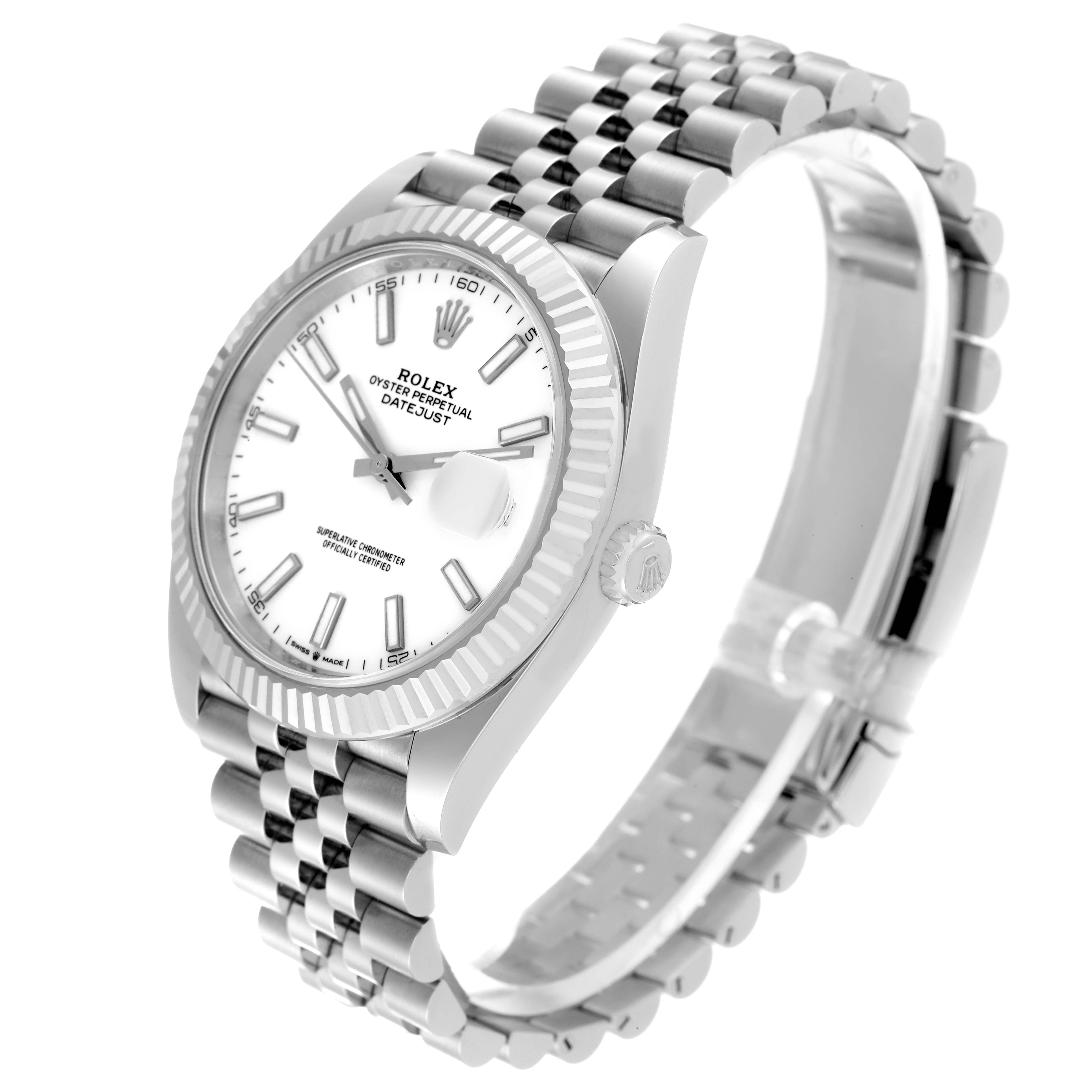 The image shows a Rolex Datejust 41 126334 Men's Stainless Steel White Dial 126334 Men's Stainless Steel White Dial watch at an angle, highlighting the dial, bezel, and bracelet.