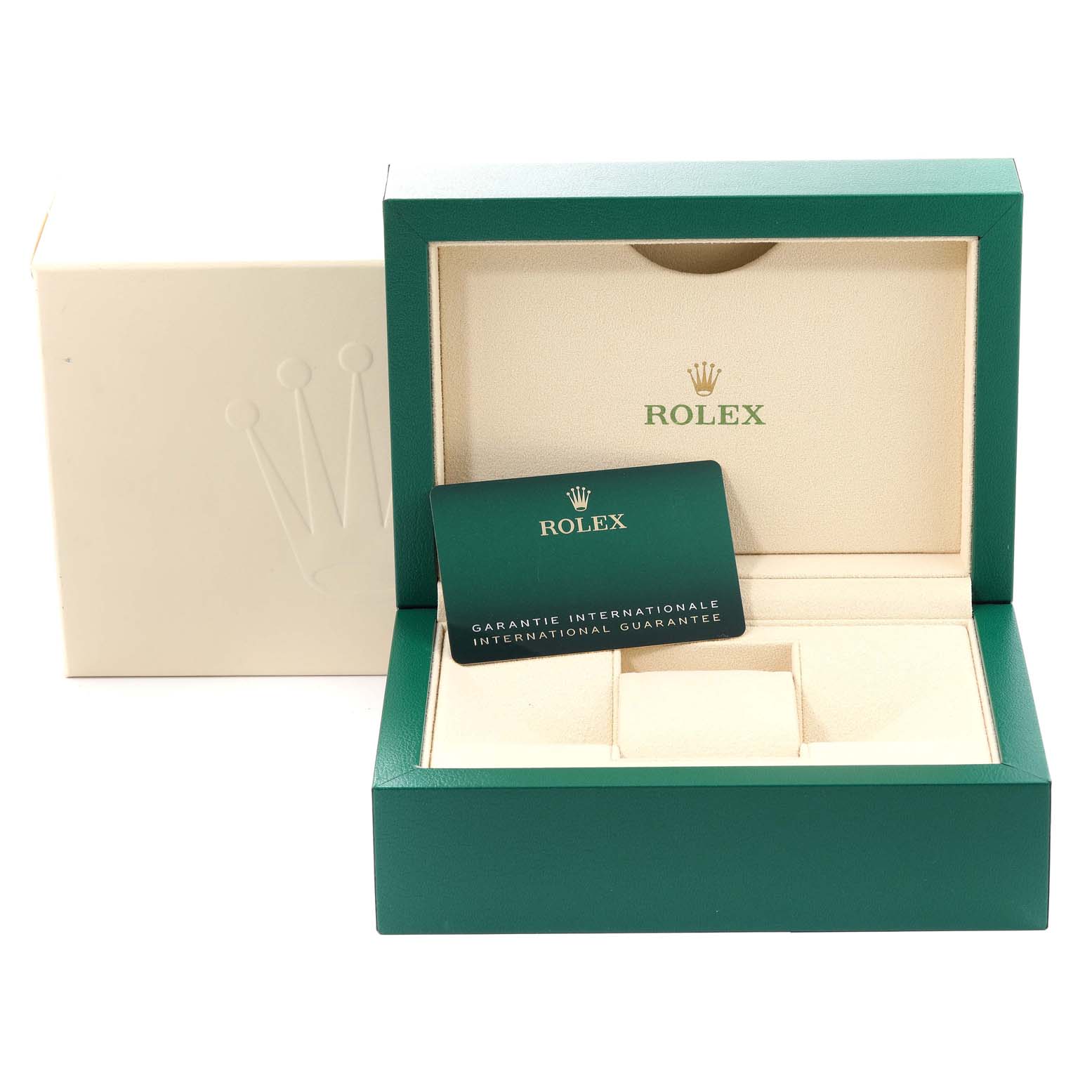 The image shows the packaging, including an open box and an international guarantee card, for a Rolex Datejust 41 126334 Men's Stainless Steel White Dial 126334 Men's Stainless Steel White Dial model.