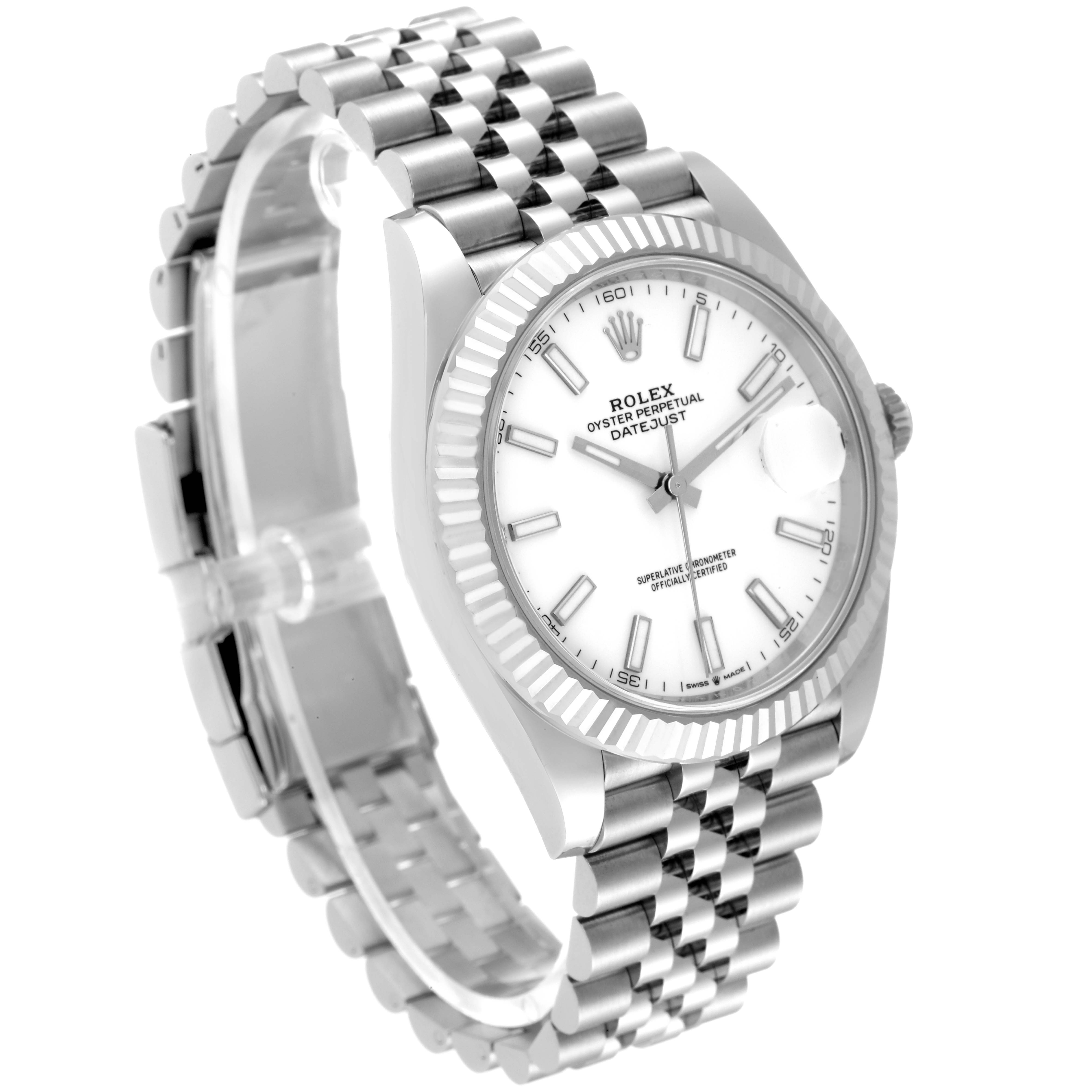 The image shows a Rolex Datejust 41 126334 Men's Stainless Steel White Dial 126334 Men's Stainless Steel White Dial watch at a slight angle, highlighting the dial, fluted bezel, and jubilee bracelet.