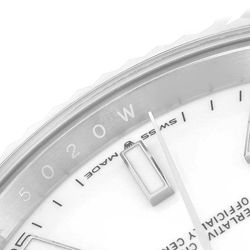 This image shows a close-up of the dial, bezel, and hour markers of a Rolex Datejust 41 126334 Men's Stainless Steel White Dial 126334 Men's Stainless Steel White Dial model watch.