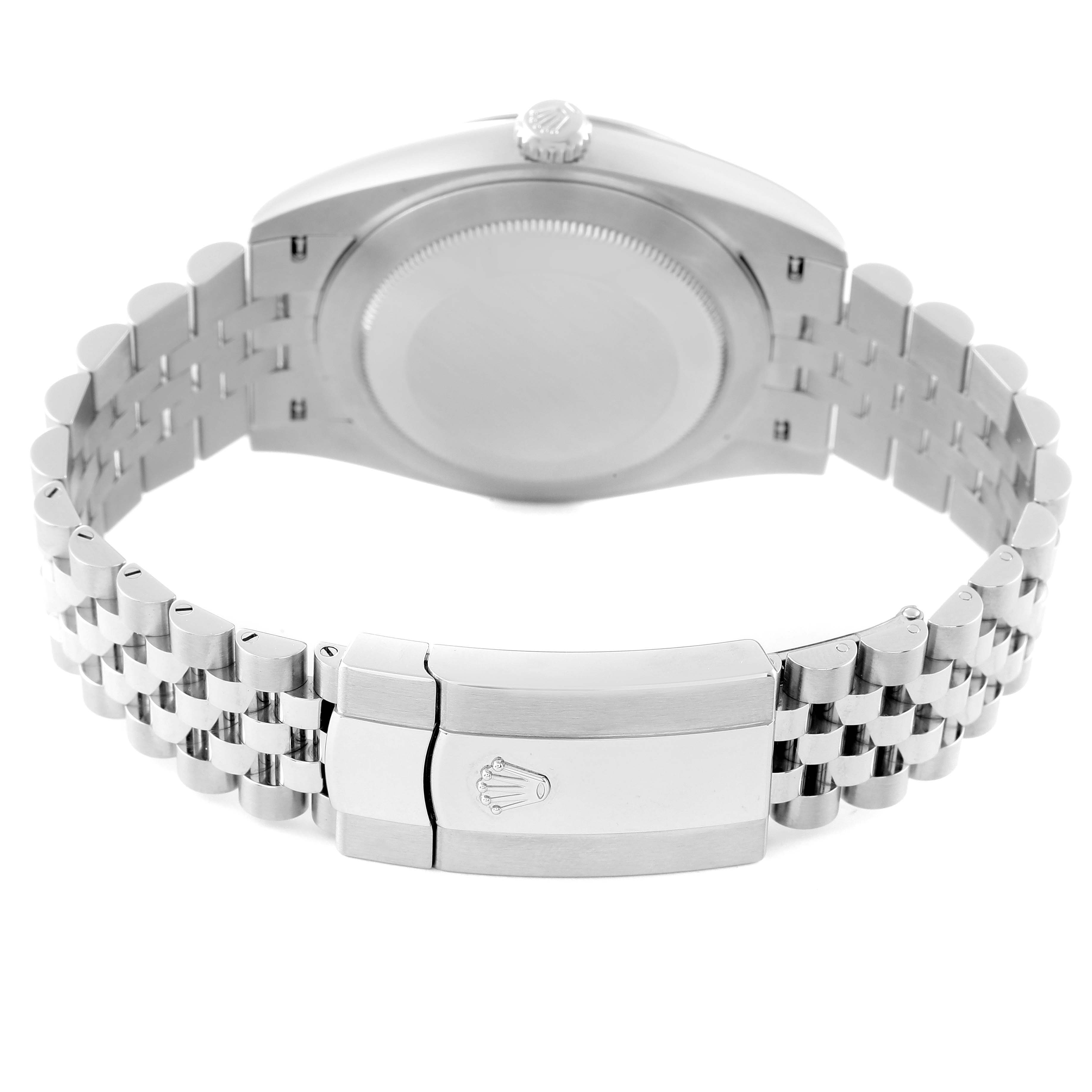 The image shows the back view of a Rolex Datejust 41 126334 Men's Stainless Steel White Dial 126334 Men's Stainless Steel White Dial watch, highlighting the clasp and bracelet.