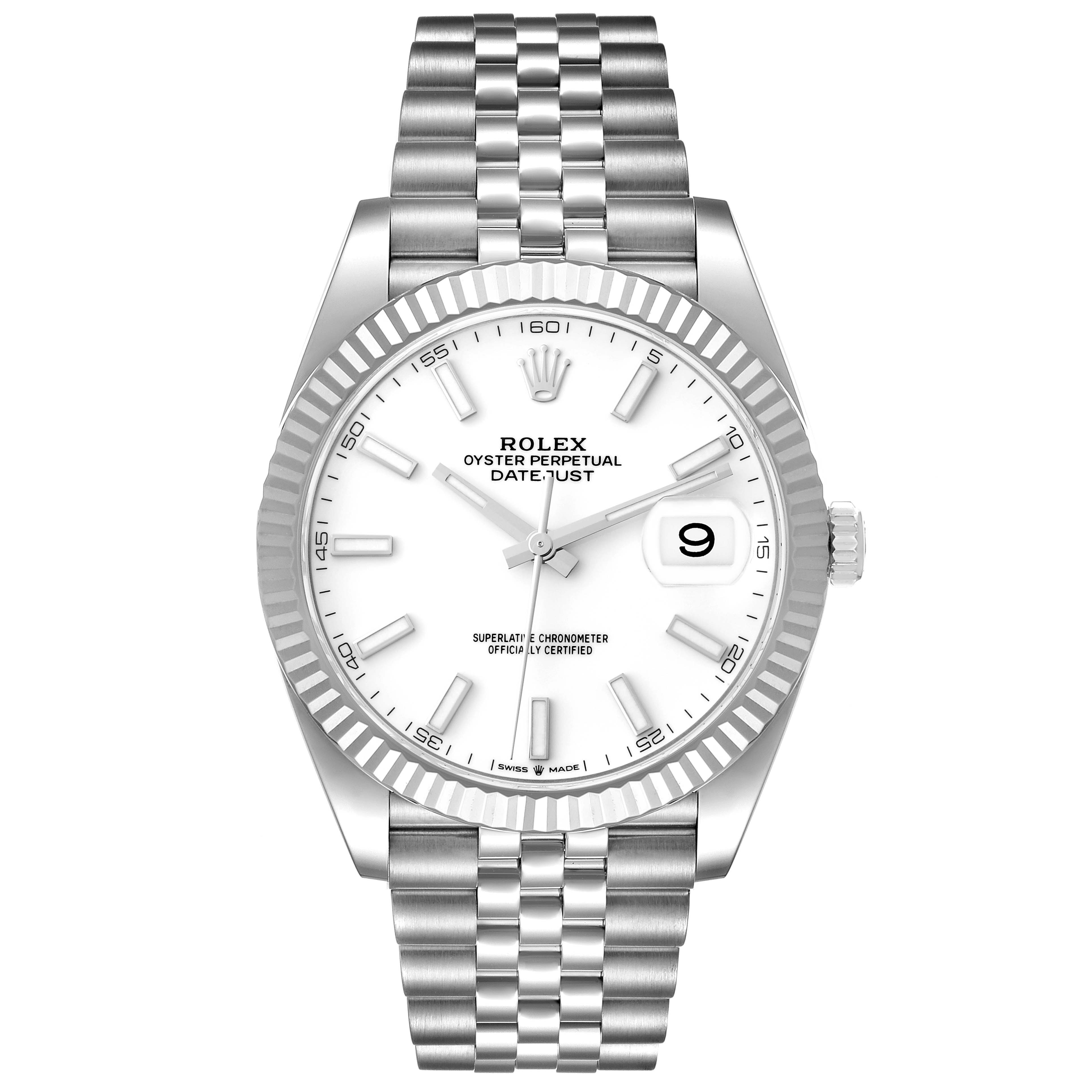 The image shows a front view of a Rolex Datejust 41 126334 Men's Stainless Steel White Dial 126334 Men's Stainless Steel White Dial watch with a white dial and Jubilee bracelet.