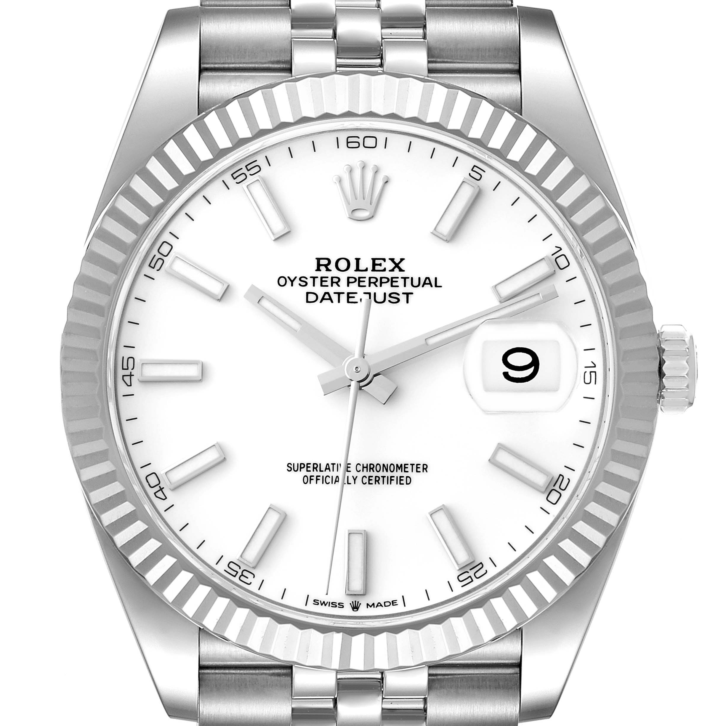 The image shows a top-down view of the Rolex Datejust 41 126334 Men's Stainless Steel White Dial 126334 Men's Stainless Steel White Dial watch, featuring its dial, fluted bezel, hands, and date window.
