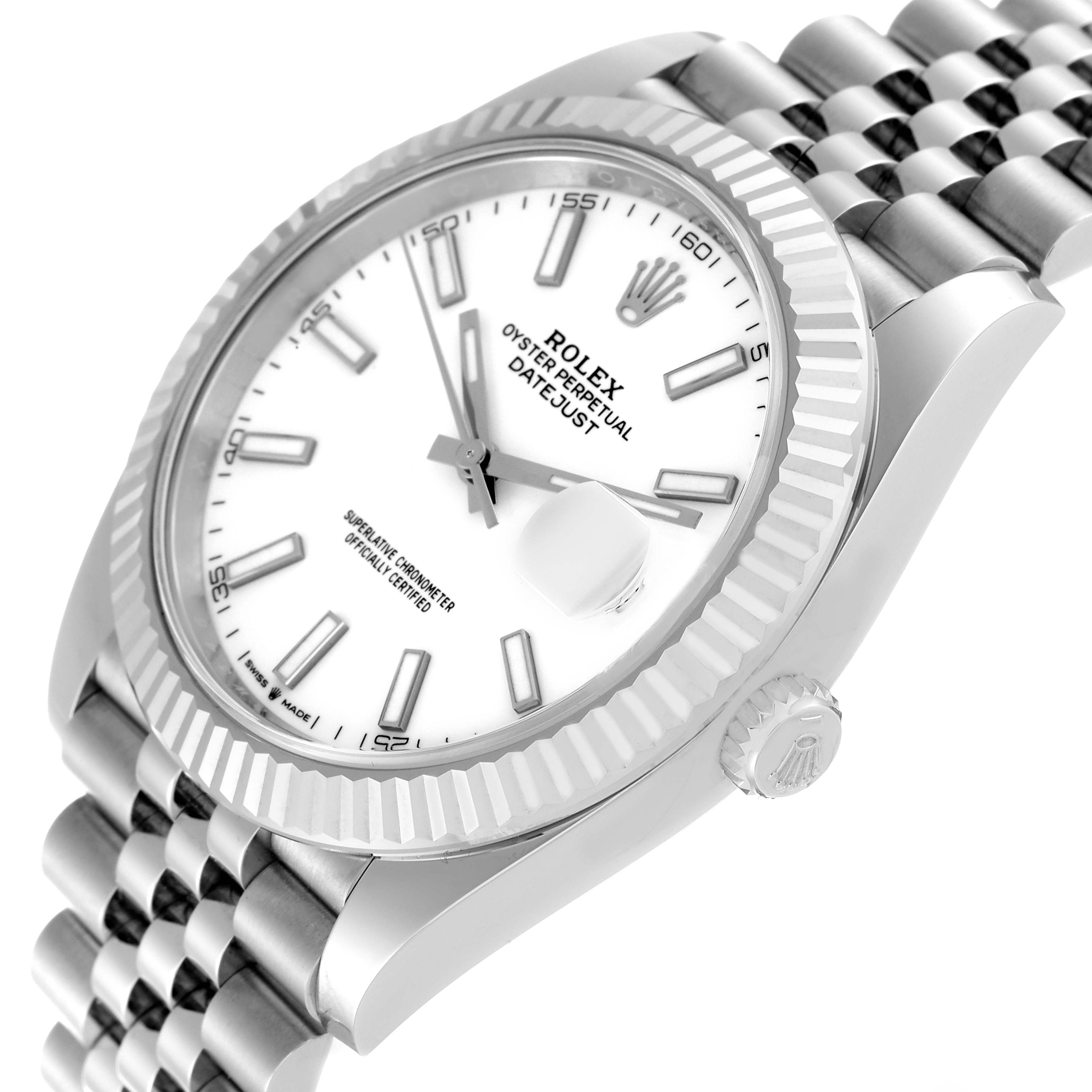 The image shows a Rolex Datejust 41 126334 Men's Stainless Steel White Dial 126334 Men's Stainless Steel White Dial watch from an angled side view, highlighting the white dial, fluted bezel, and jubilee bracelet.