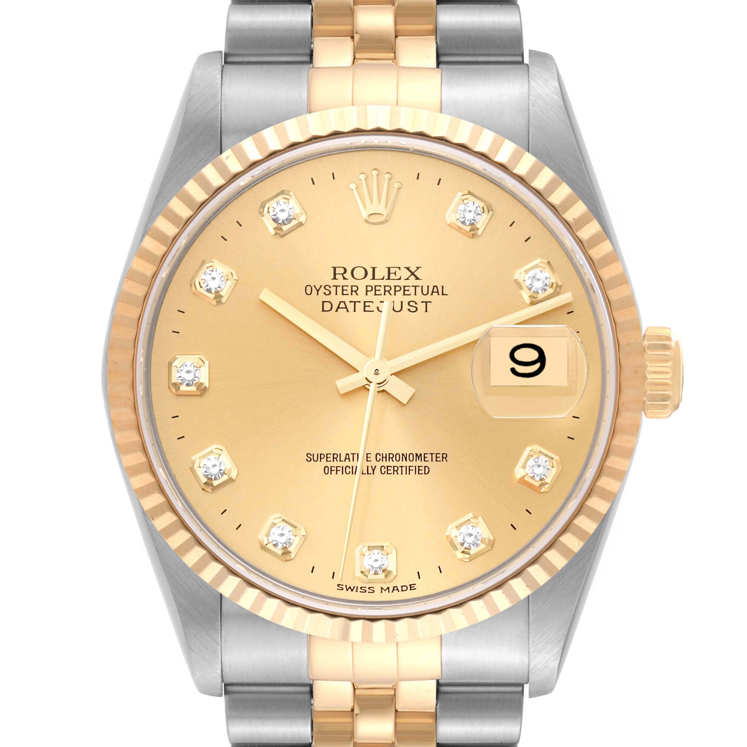This image shows the face of a Rolex Datejust 16233 Men's Steel and Gold (two tone) Champagne Dial 16233 Men's Steel and Gold (two tone) Champagne Dial watch, highlighting its gold dial, diamond markers, and date feature at 3 o'clock.