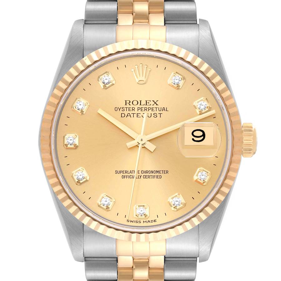 Rolex Datejust Champagne Diamond Dial Steel Yellow Gold Mens Watch 16233 SwissWatchExpo