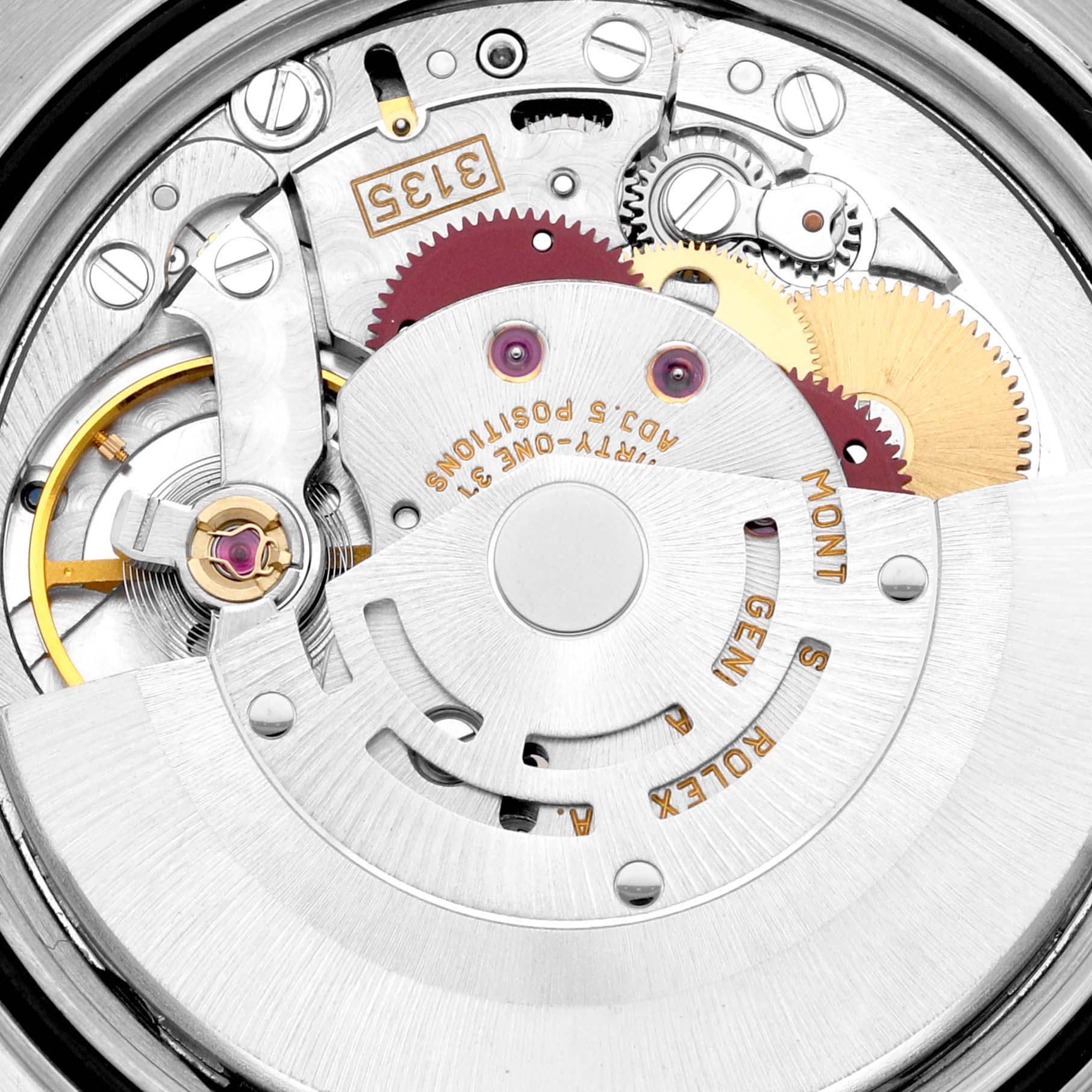 This image shows the internal mechanism of a Rolex Datejust 16233 Men's Steel and Gold (two tone) Champagne Dial 16233 Men's Steel and Gold (two tone) Champagne Dial watch, including its gears and movement components.
