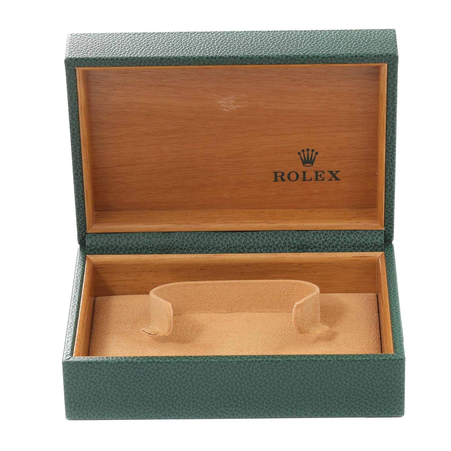 The image shows an open green Rolex watch box, empty, with interior wood paneling and suede lining for the Datejust model.
