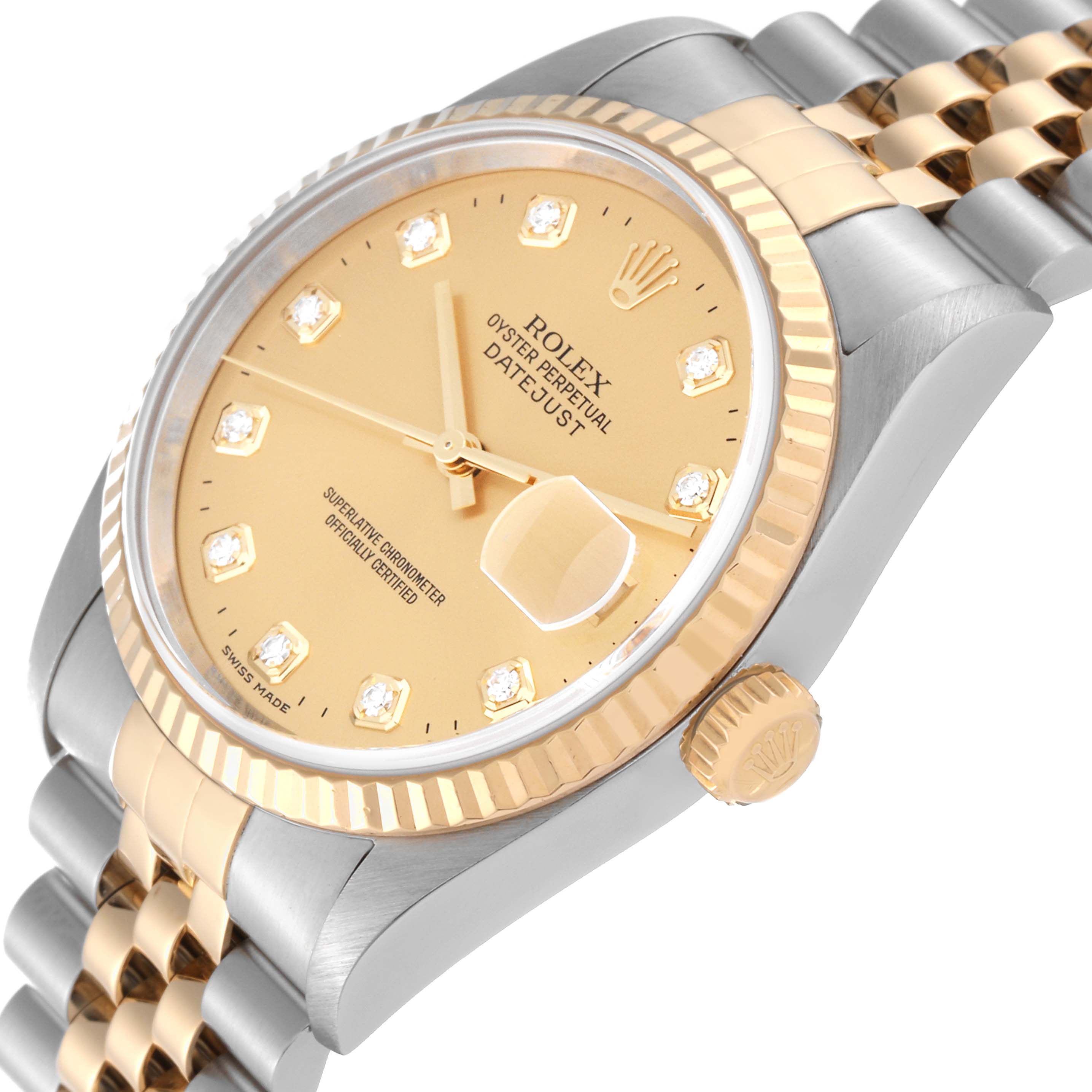 The image shows a close-up, angled view of a Rolex Datejust 16233 Men's Steel and Gold (two tone) Champagne Dial 16233 Men's Steel and Gold (two tone) Champagne Dial watch, highlighting its gold dial, bezel, and two-tone bracelet with the crown.