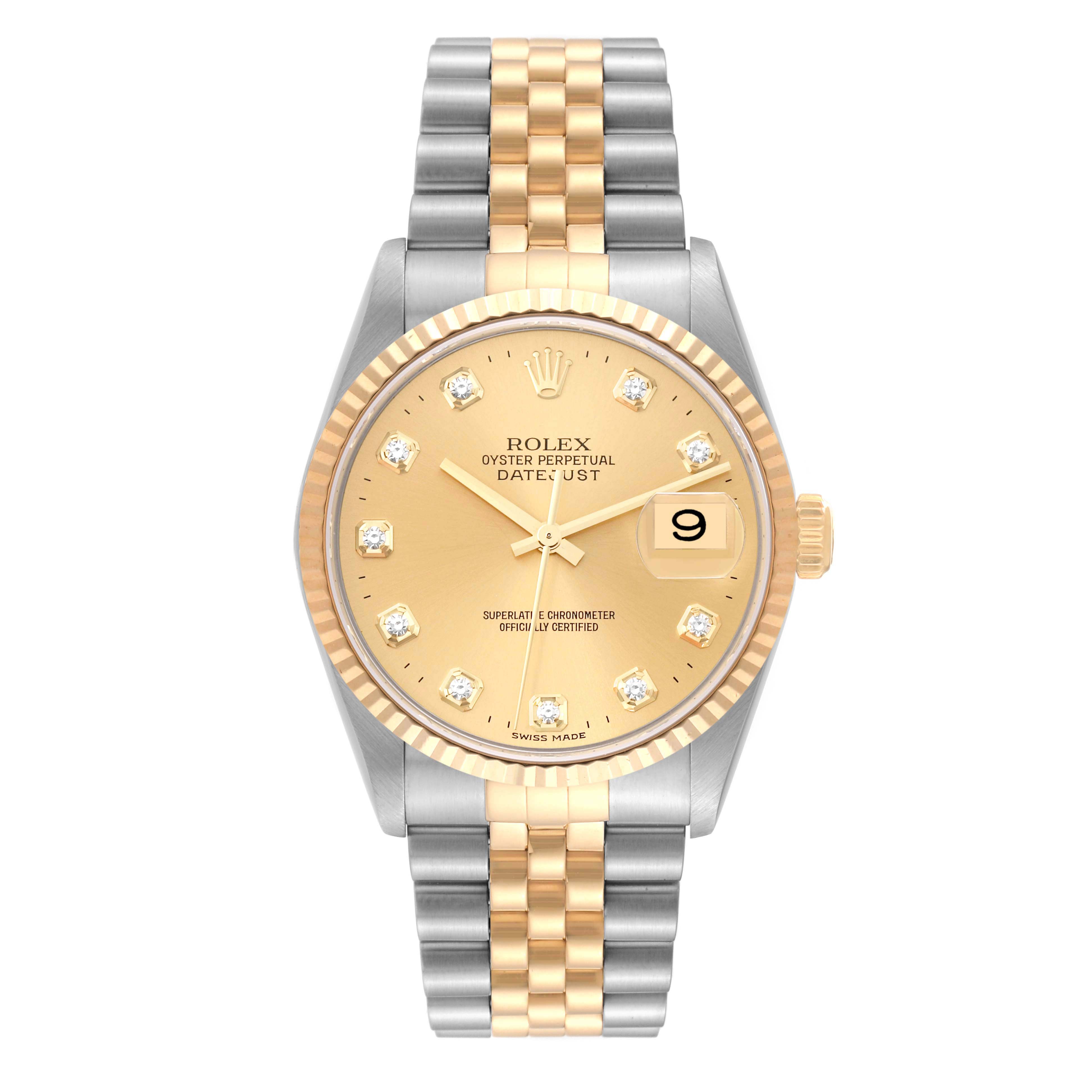The image shows a front view of a Rolex Datejust 16233 Men's Steel and Gold (two tone) Champagne Dial 16233 Men's Steel and Gold (two tone) Champagne Dial watch, displaying its dial, bezel, and two-tone bracelet.