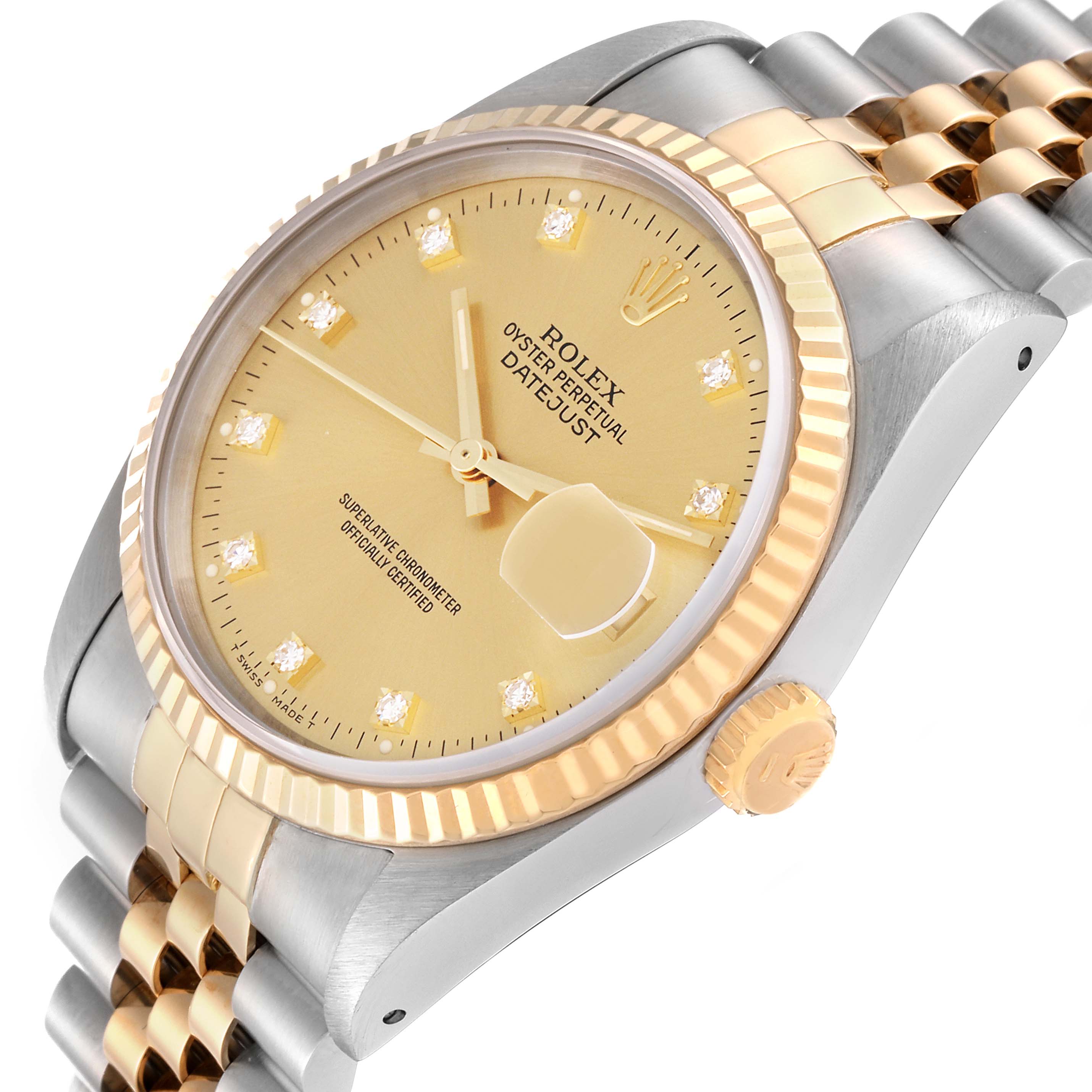 The image shows a Rolex Datejust 16233 Men's Steel and Gold (two tone) Champagne Dial 16233 Men's Steel and Gold (two tone) Champagne Dial watch at an angled side view, highlighting its gold dial, fluted bezel, and jubilee bracelet.