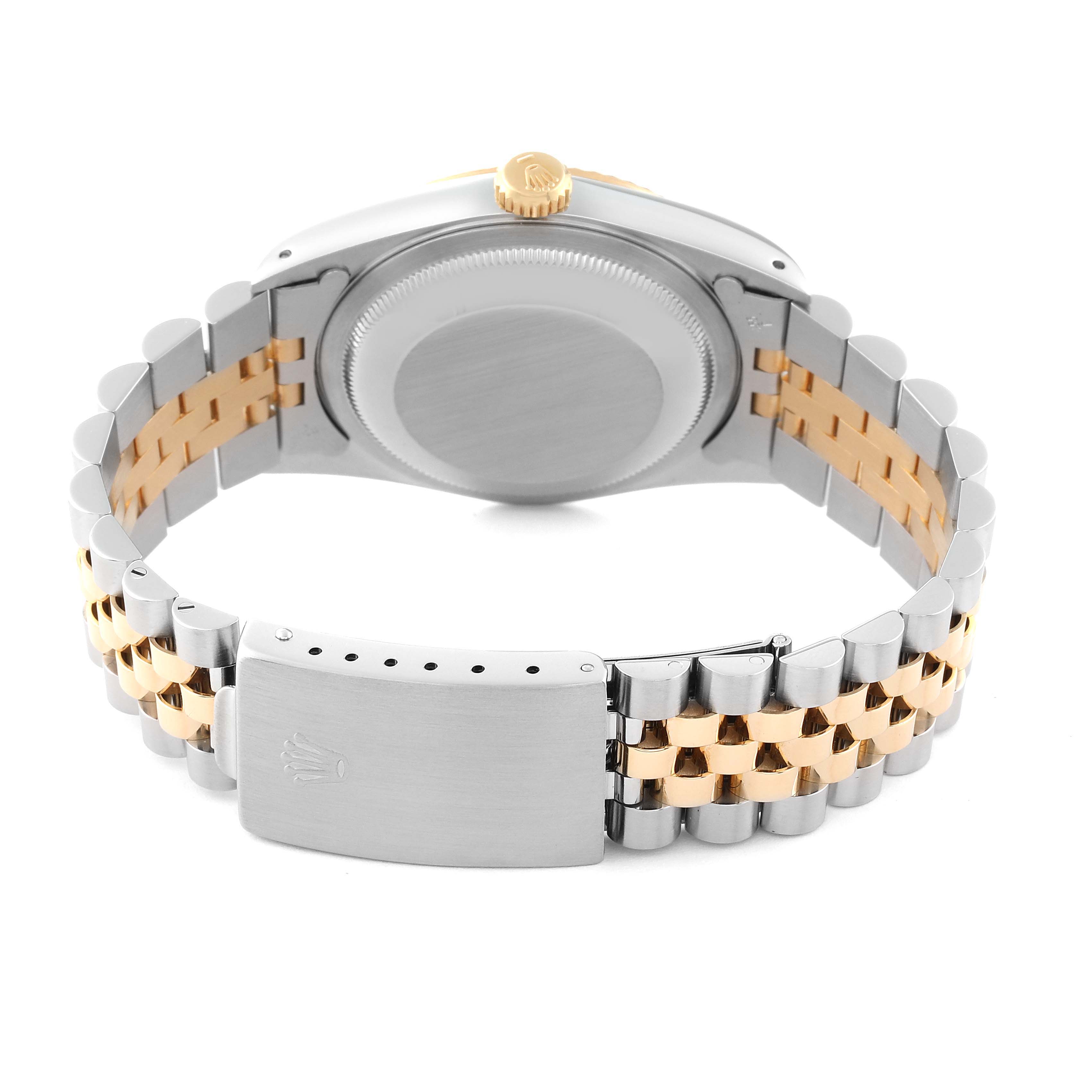 The image shows the back of a Rolex Datejust 16233 Men's Steel and Gold (two tone) Champagne Dial 16233 Men's Steel and Gold (two tone) Champagne Dial watch, highlighting the case back, crown, and two-tone bracelet with clasp.
