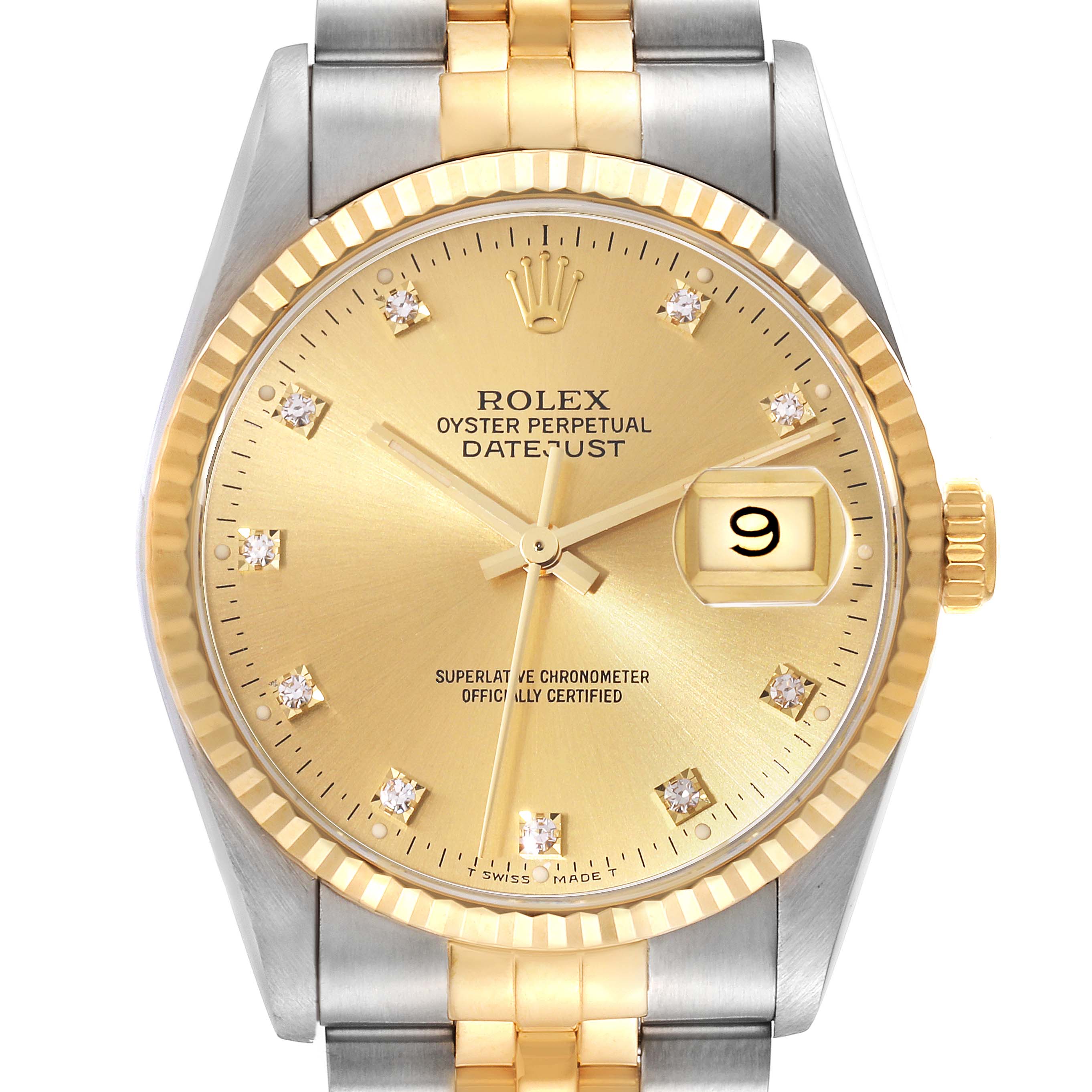 The image shows a frontal view of a Rolex Datejust 16233 Men's Steel and Gold (two tone) Champagne Dial 16233 Men's Steel and Gold (two tone) Champagne Dial watch highlighting the dial, bezel, and part of the bracelet.