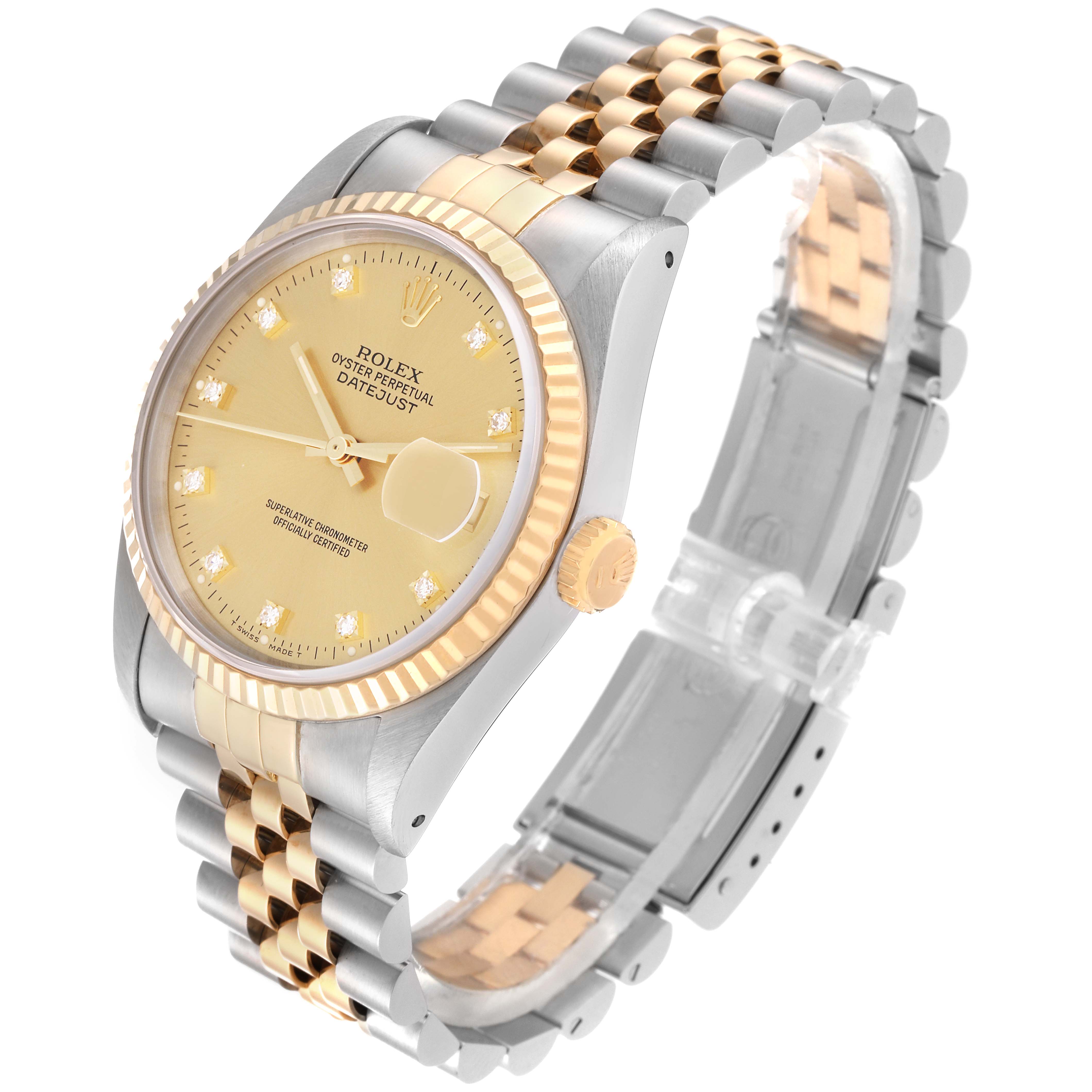 The image shows a Rolex Datejust 16233 Men's Steel and Gold (two tone) Champagne Dial 16233 Men's Steel and Gold (two tone) Champagne Dial watch at an angled side view, featuring a gold bezel, champagne dial, and bi-metal Jubilee bracelet.