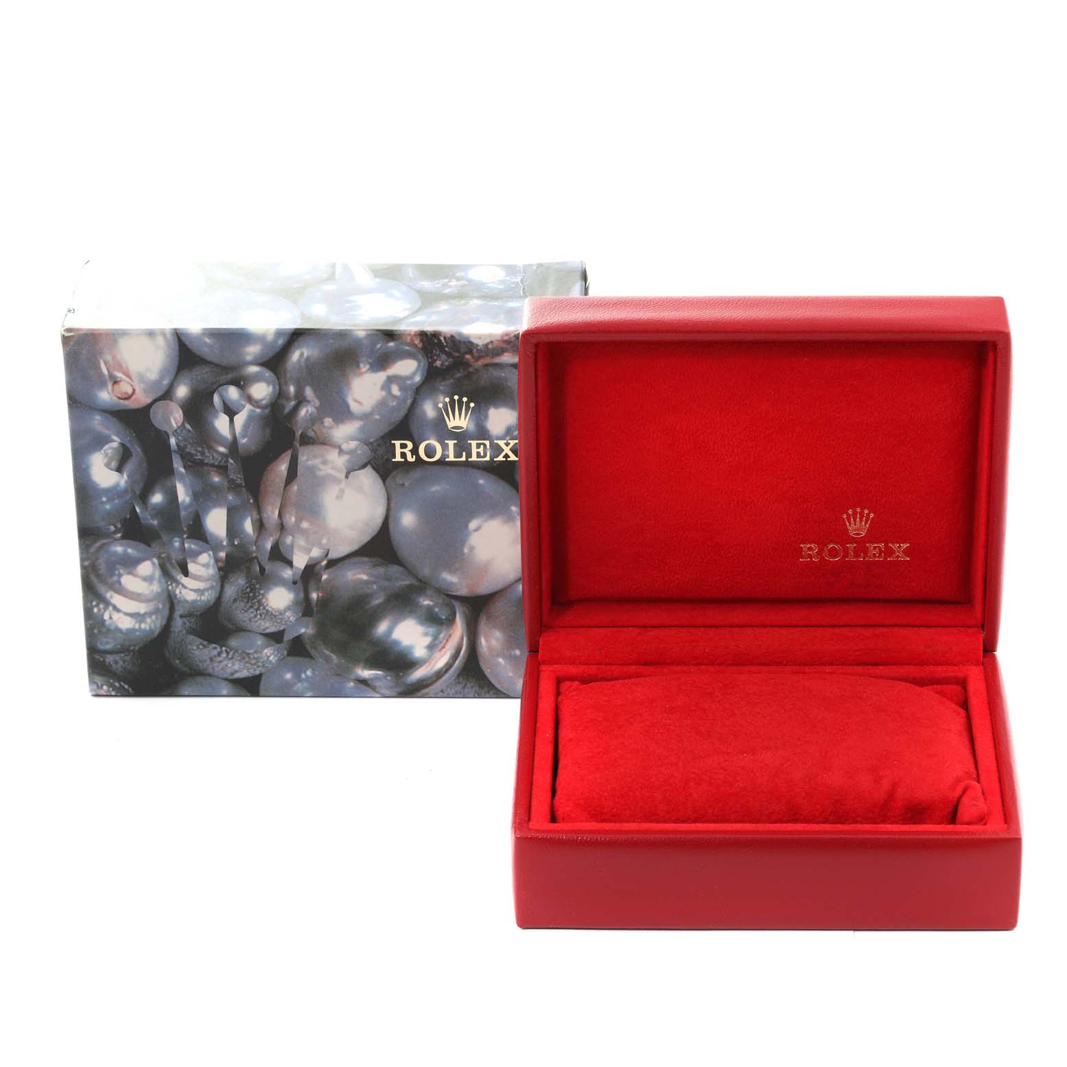 The image shows an empty Rolex Datejust 69173 Women's Steel and Gold (two tone) Champagne Dial 69173 Women's Steel and Gold (two tone) Champagne Dial watch box and outer packaging at a front angle.