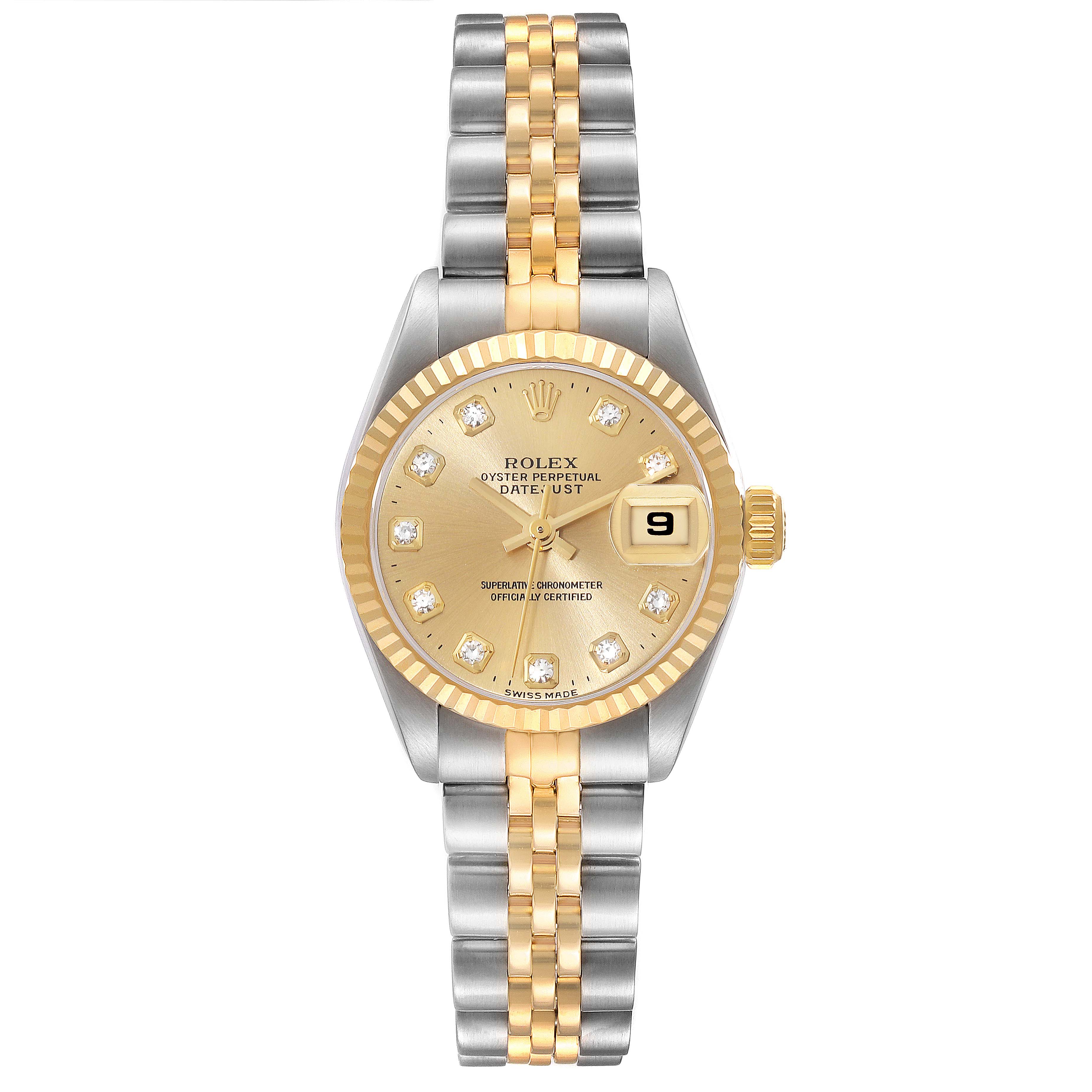 This image shows a top-down view of a Rolex Datejust 69173 Women's Steel and Gold (two tone) Champagne Dial 69173 Women's Steel and Gold (two tone) Champagne Dial watch, displaying its bracelet, bezel, dial, and date window.