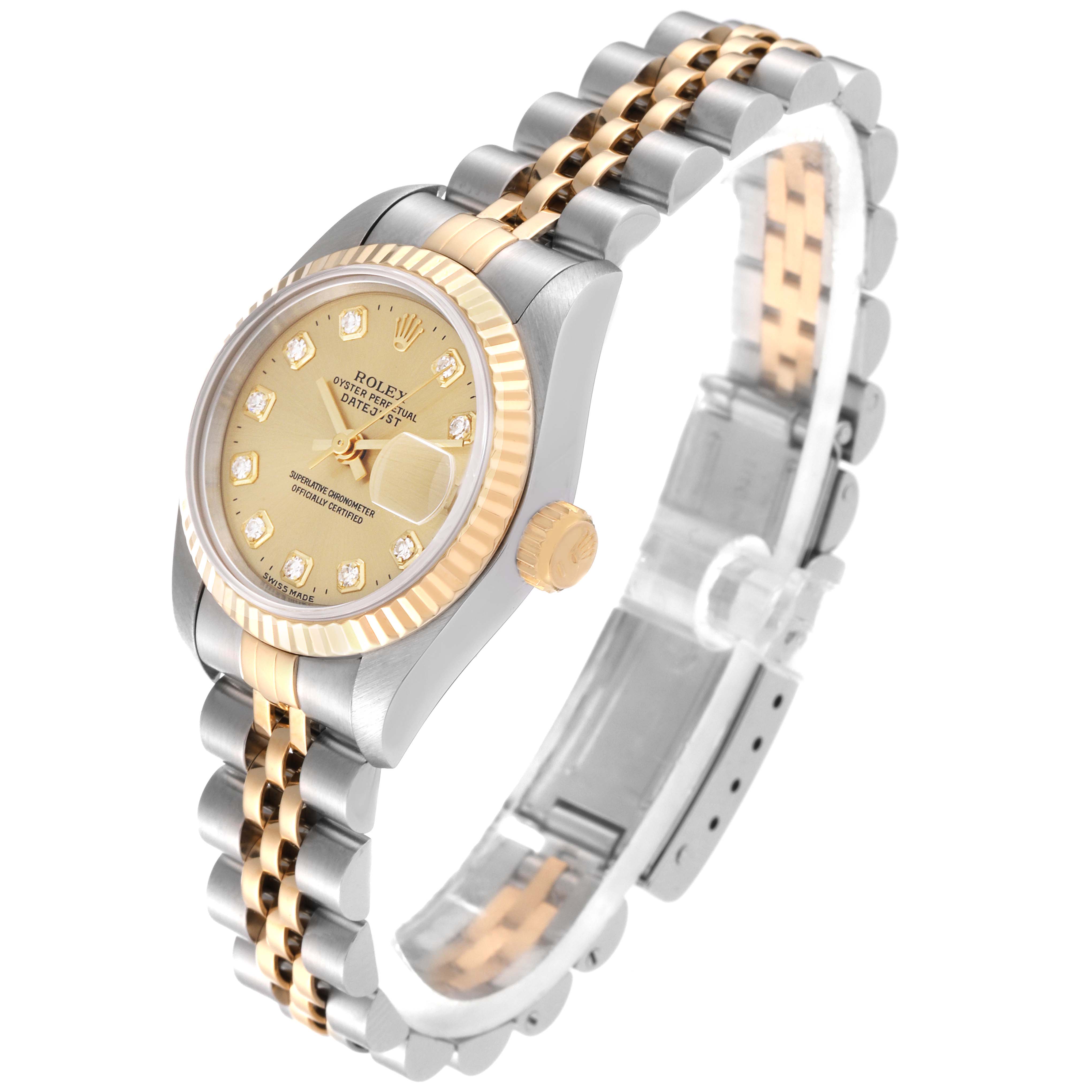 This Rolex Datejust 69173 Women's Steel and Gold (two tone) Champagne Dial 69173 Women's Steel and Gold (two tone) Champagne Dial watch is shown at an angled side view, displaying the dial, bezel, crown, and two-tone bracelet.