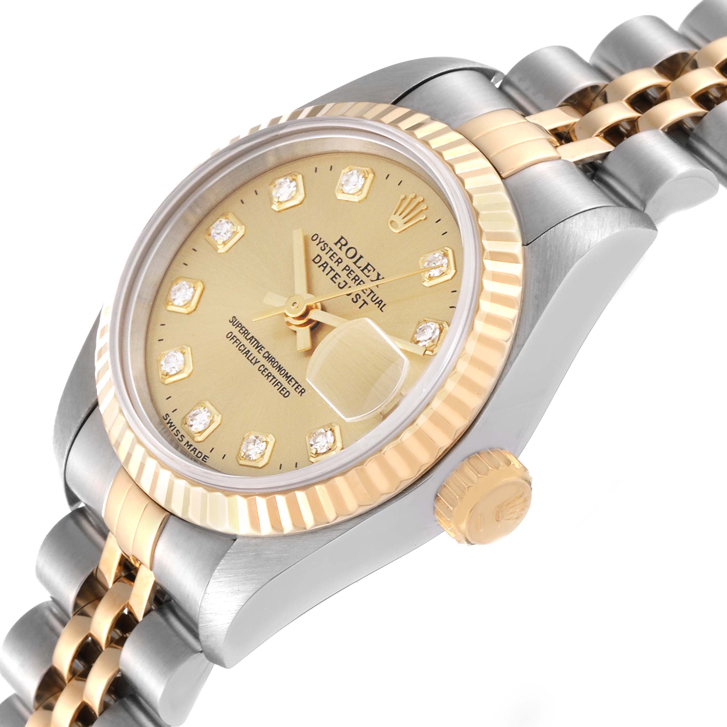 The image shows a close-up of the Rolex Datejust 69173 Women's Steel and Gold (two tone) Champagne Dial 69173 Women's Steel and Gold (two tone) Champagne Dial watch, highlighting the dial, bezel, crown, and part of the bracelet.