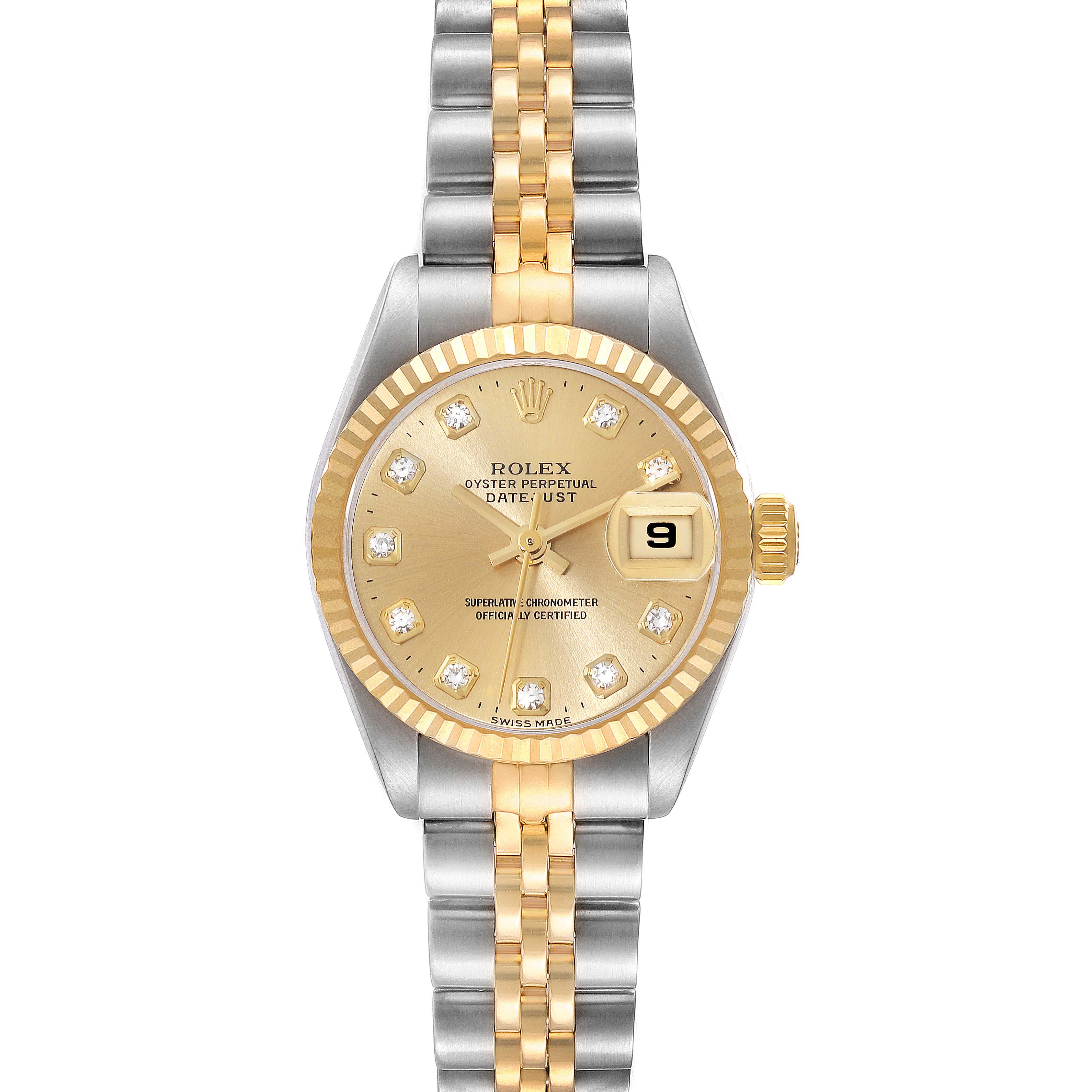 The image shows a front view of a Rolex Datejust 69173 Women's Steel and Gold (two tone) Champagne Dial 69173 Women's Steel and Gold (two tone) Champagne Dial watch, displaying the face, bezel, dial, and bracelet.