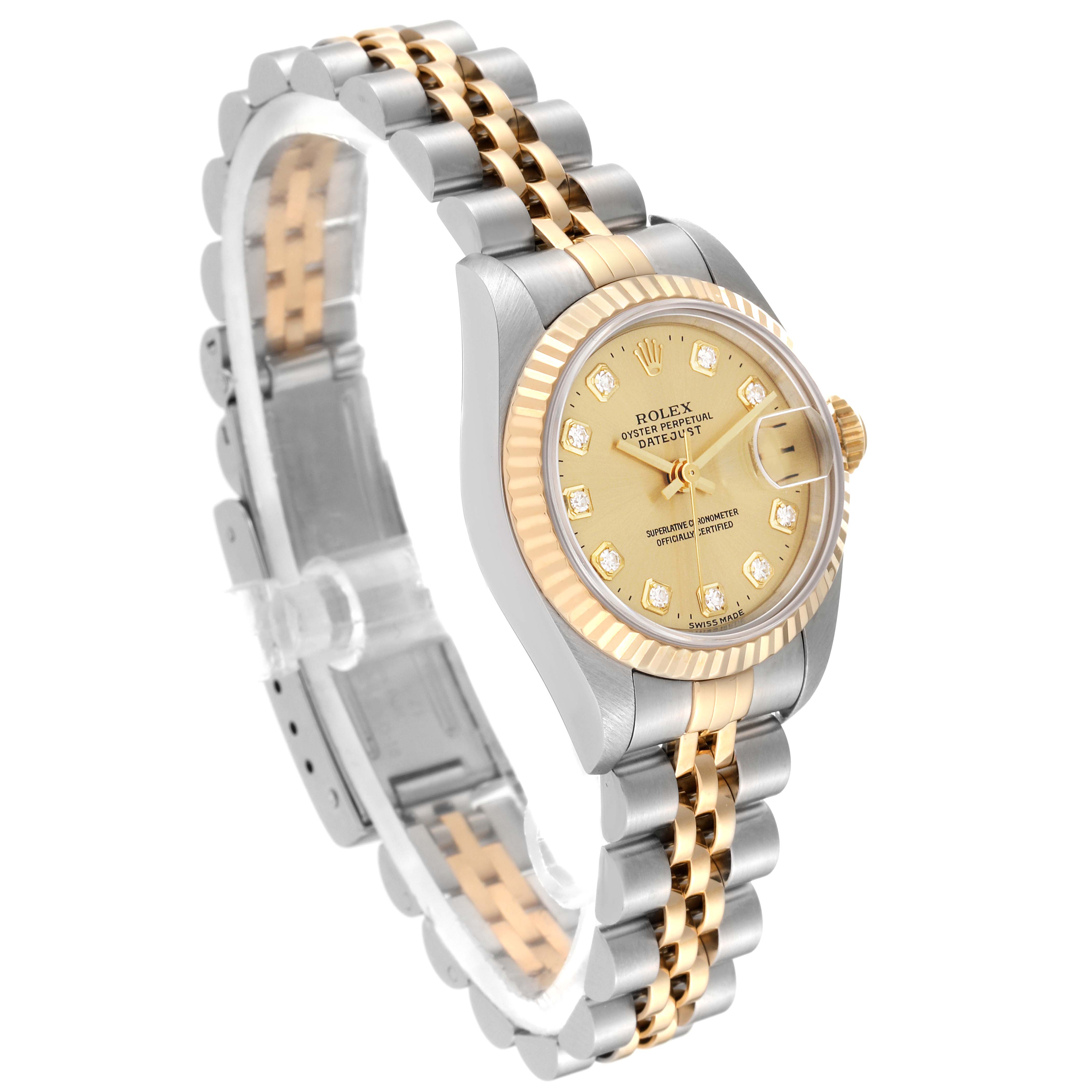 This Rolex Datejust 69173 Women's Steel and Gold (two tone) Champagne Dial 69173 Women's Steel and Gold (two tone) Champagne Dial watch is shown at a side angle, highlighting its two-tone band, fluted bezel, and champagne dial with diamond hour markers.