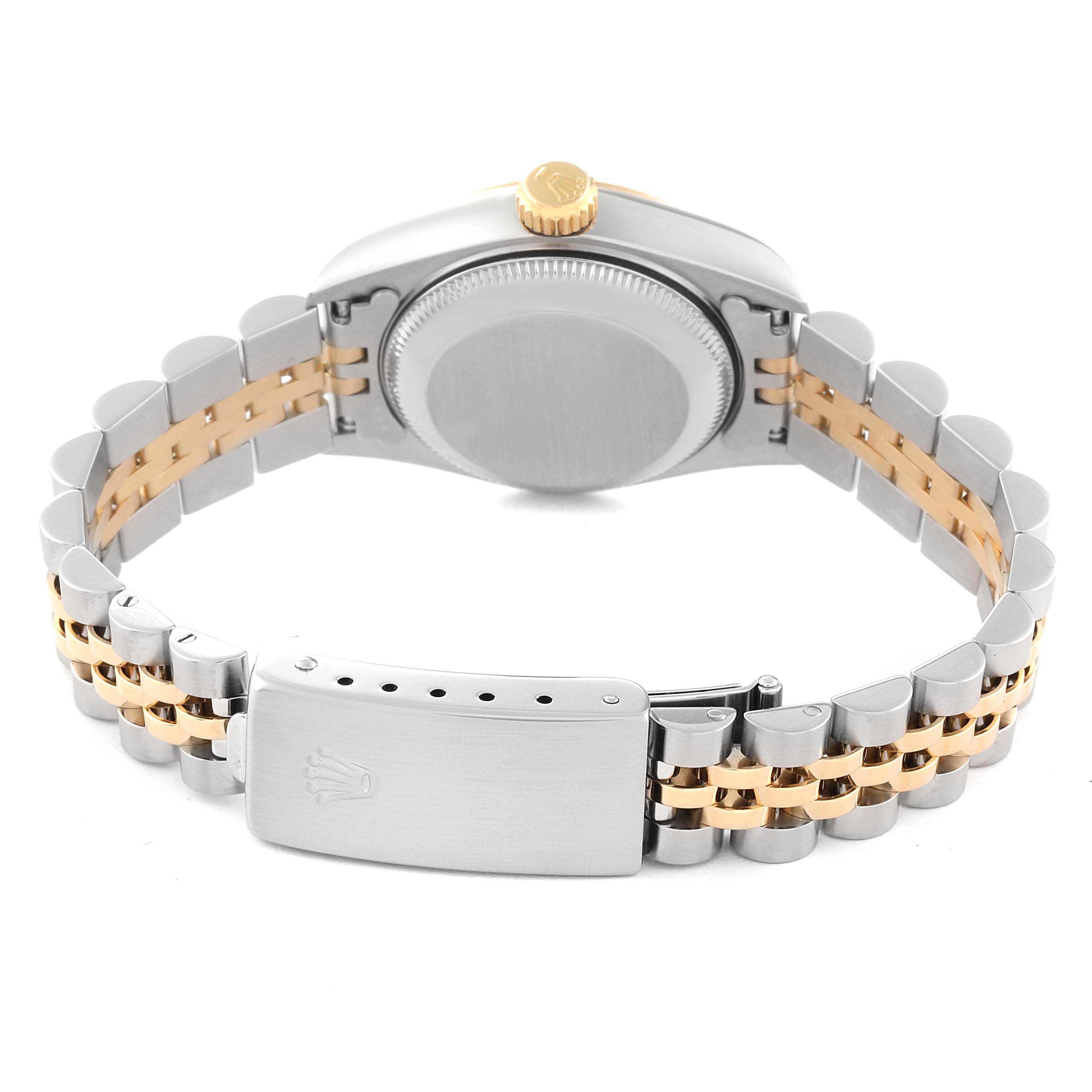 This image shows the back of the Rolex Datejust 69173 Women's Steel and Gold (two tone) Champagne Dial 69173 Women's Steel and Gold (two tone) Champagne Dial watch, highlighting the clasp, case back, and two-tone bracelet.