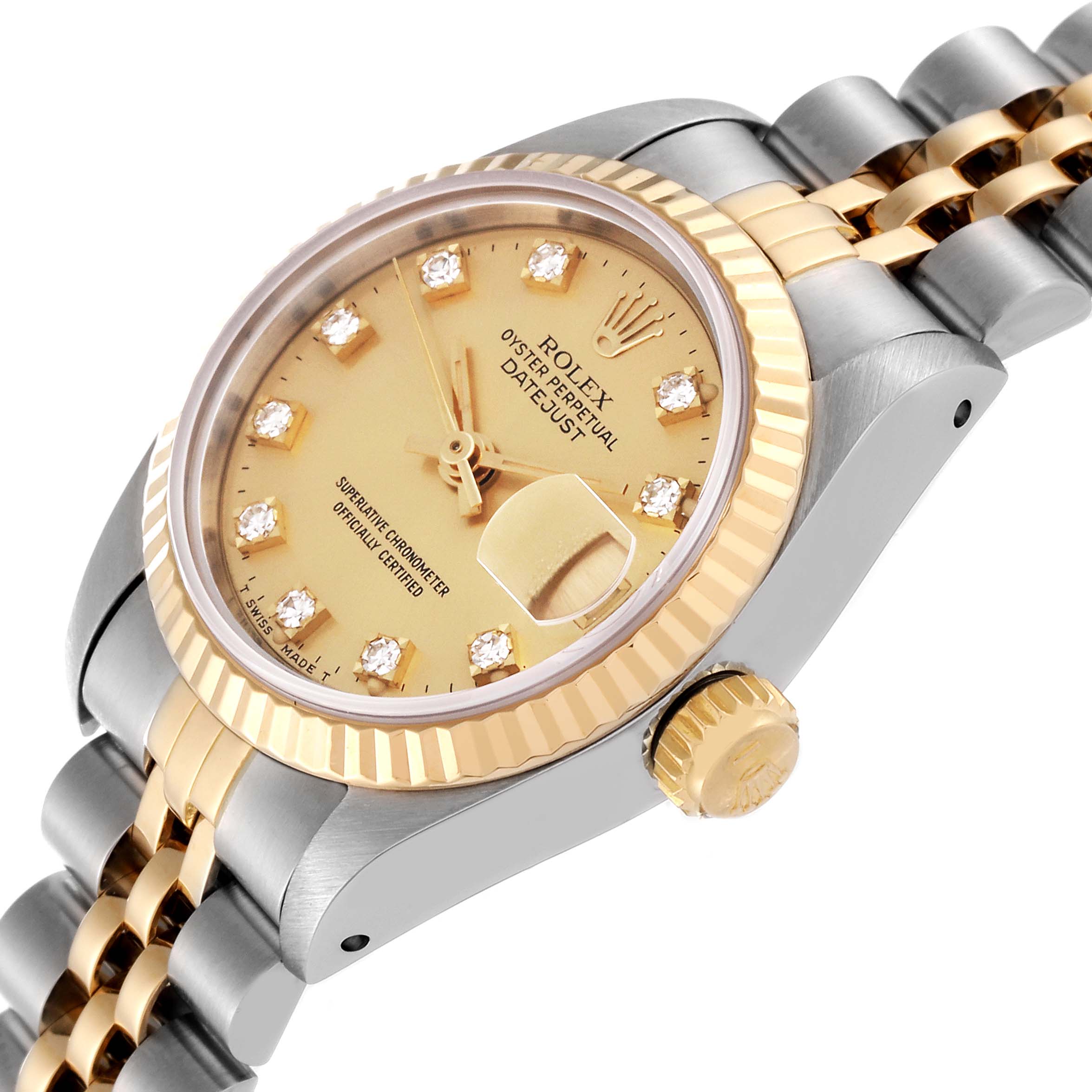 This image shows a close-up view of a Rolex Datejust 69173 Women's Steel and Gold (two tone) Champagne Dial 69173 Women's Steel and Gold (two tone) Champagne Dial watch displaying its dial, fluted bezel, and part of the bracelet.