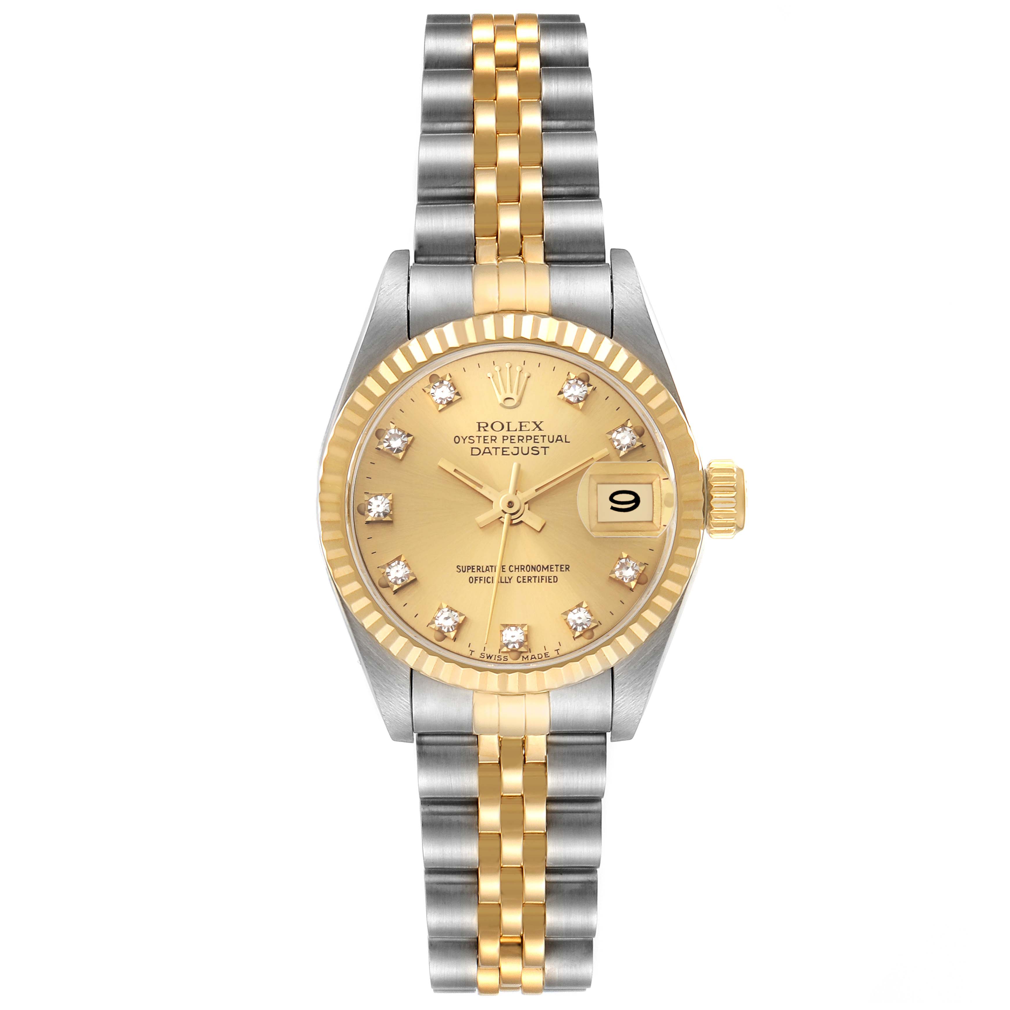 The image showcases a front view of a Rolex Datejust 69173 Women's Steel and Gold (two tone) Champagne Dial 69173 Women's Steel and Gold (two tone) Champagne Dial watch featuring a two-tone bracelet and a gold dial with diamond hour markers.