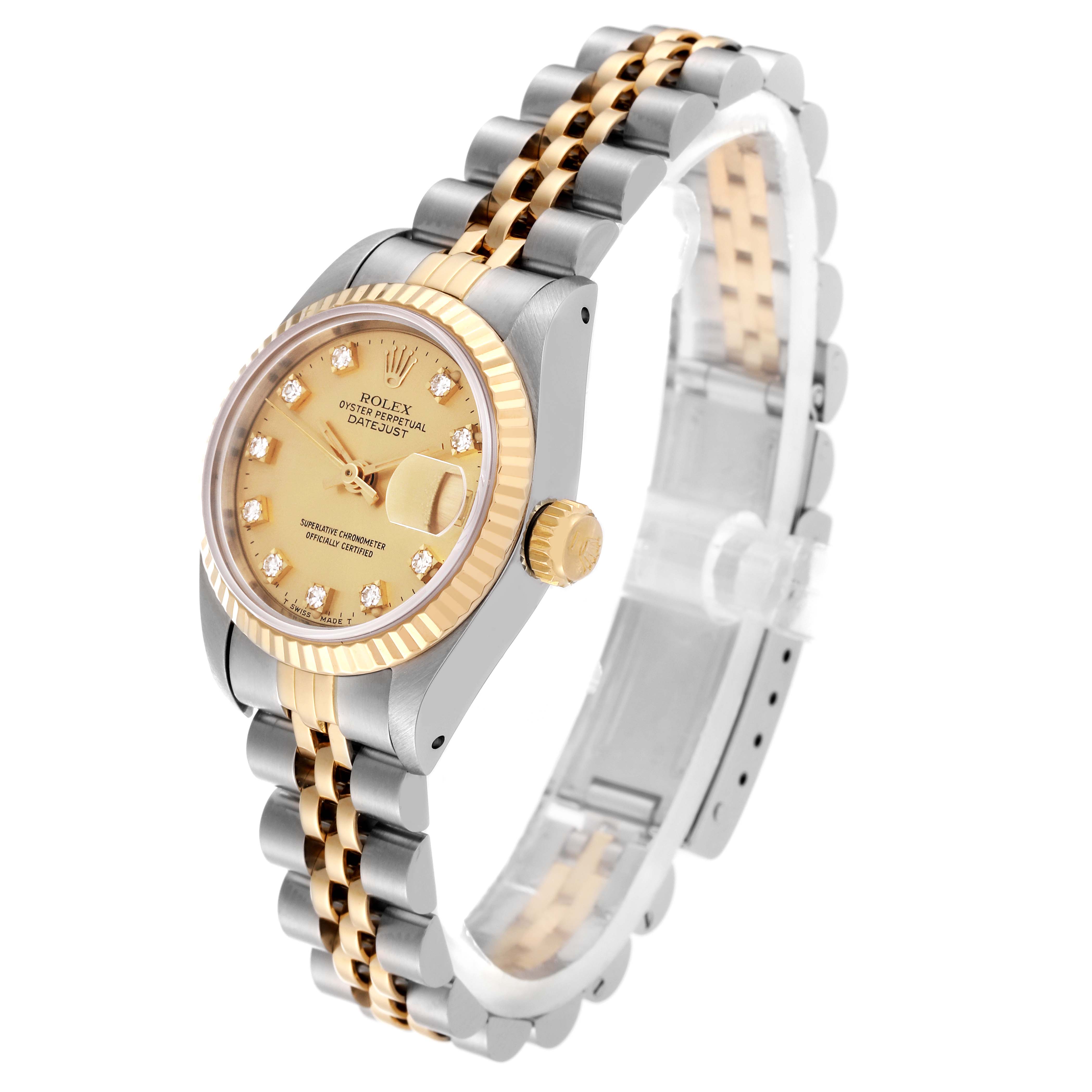 This image shows a Rolex Datejust 69173 Women's Steel and Gold (two tone) Champagne Dial 69173 Women's Steel and Gold (two tone) Champagne Dial watch from a side angle, highlighting its two-tone bracelet and diamond-studded gold dial.