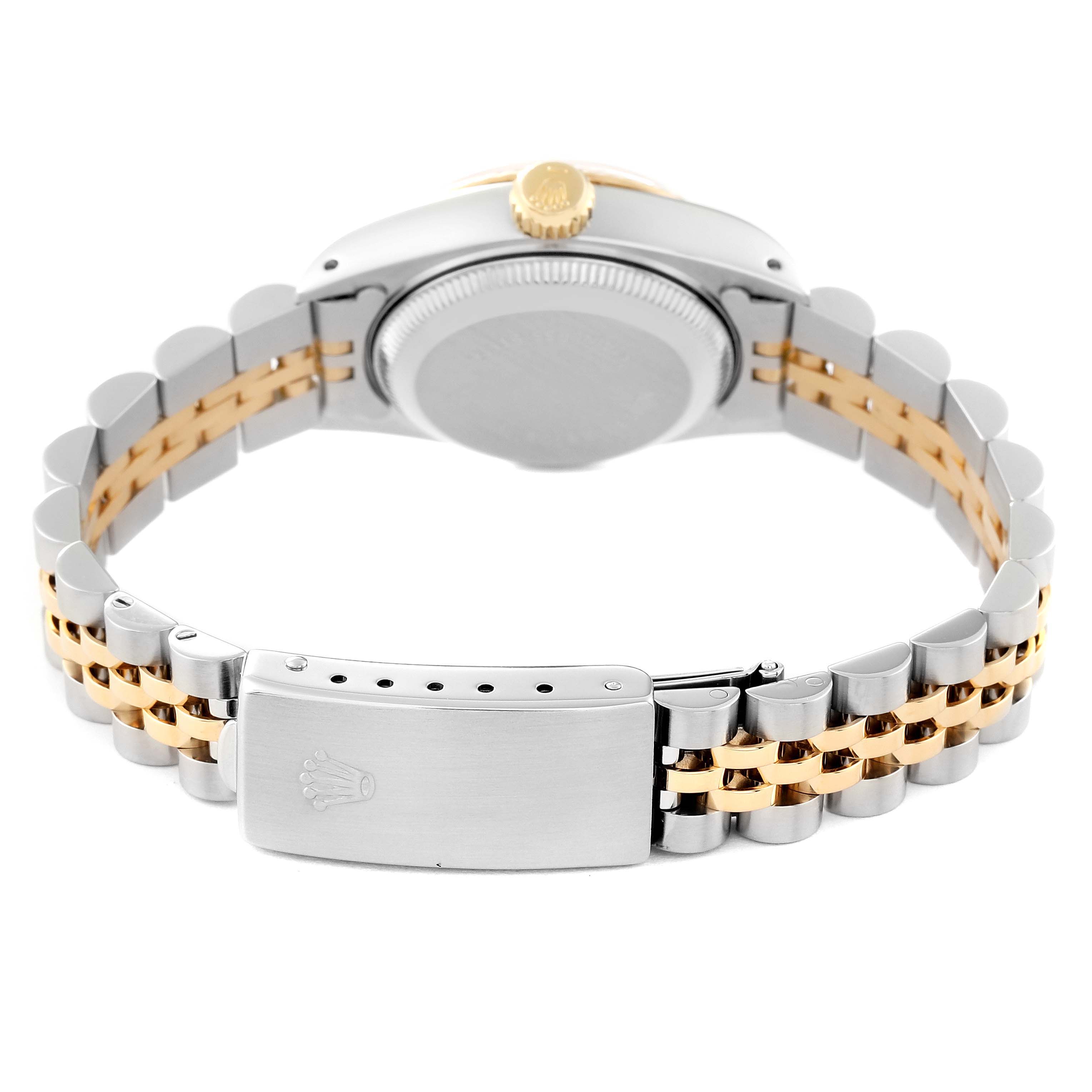 The image shows the back of a Rolex Datejust 69173 Women's Steel and Gold (two tone) Champagne Dial 69173 Women's Steel and Gold (two tone) Champagne Dial watch, highlighting its Jubilee bracelet and the clasp with the Rolex logo.