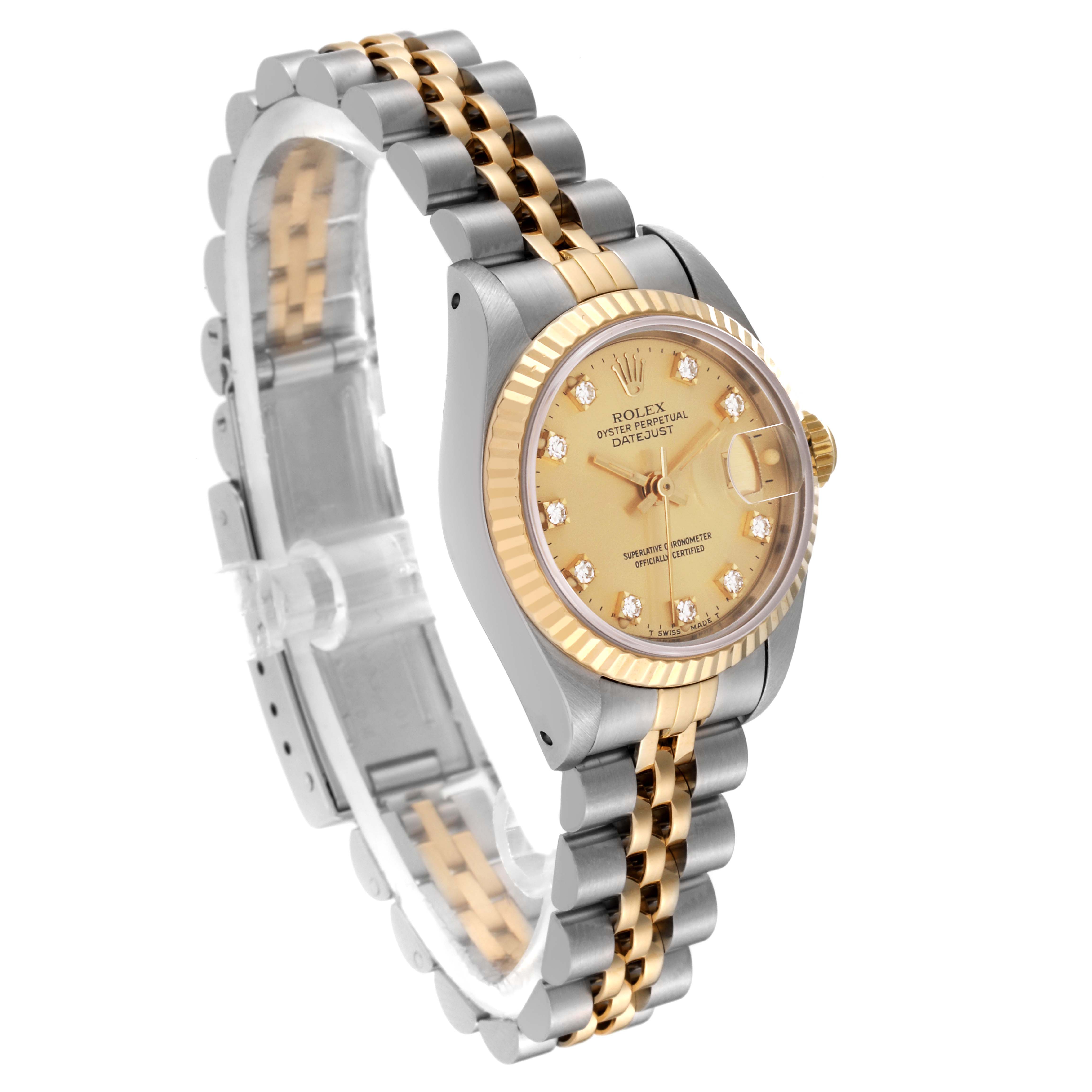The image shows a Rolex Datejust 69173 Women's Steel and Gold (two tone) Champagne Dial 69173 Women's Steel and Gold (two tone) Champagne Dial watch at a three-quarter angle, highlighting its gold and silver bracelet and diamond-encrusted dial.