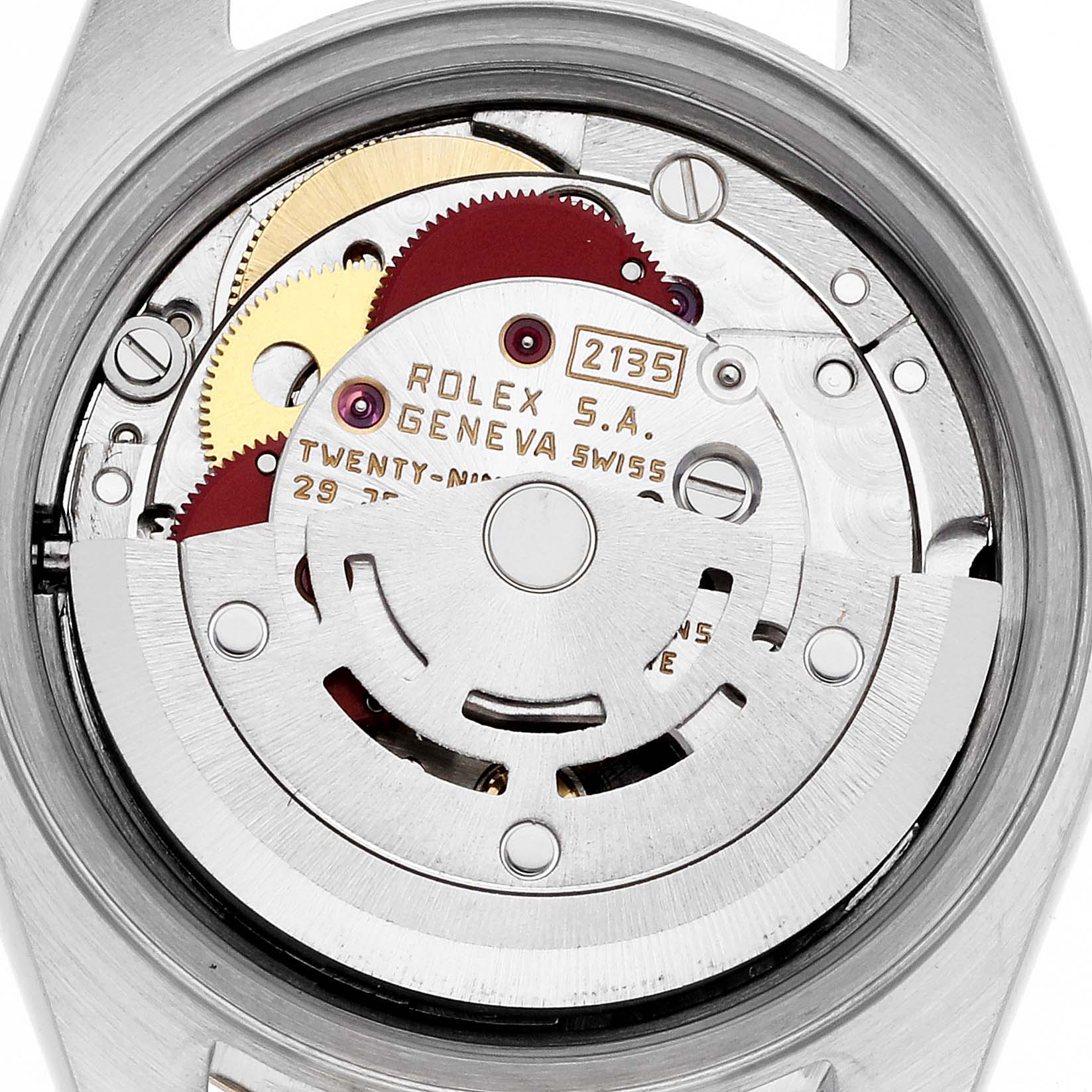 This photo shows the internal movement of a Rolex Datejust 69173 Women's Steel and Gold (two tone) Champagne Dial 69173 Women's Steel and Gold (two tone) Champagne Dial watch, highlighting the intricate gears and mechanism.