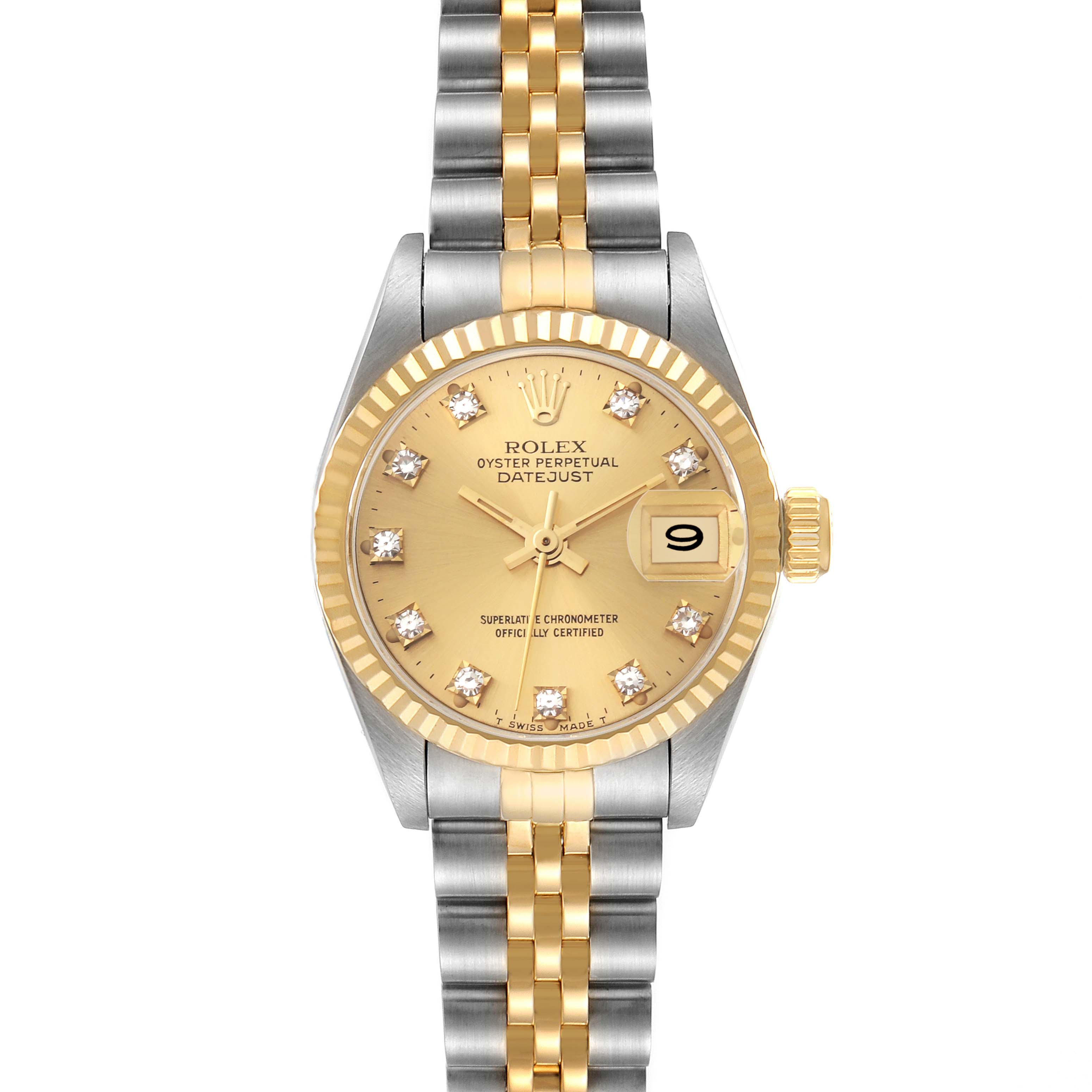 The Rolex Datejust 69173 Women's Steel and Gold (two tone) Champagne Dial 69173 Women's Steel and Gold (two tone) Champagne Dial watch is shown from a top-down angle, displaying the dial, bezel, and Jubilee bracelet.