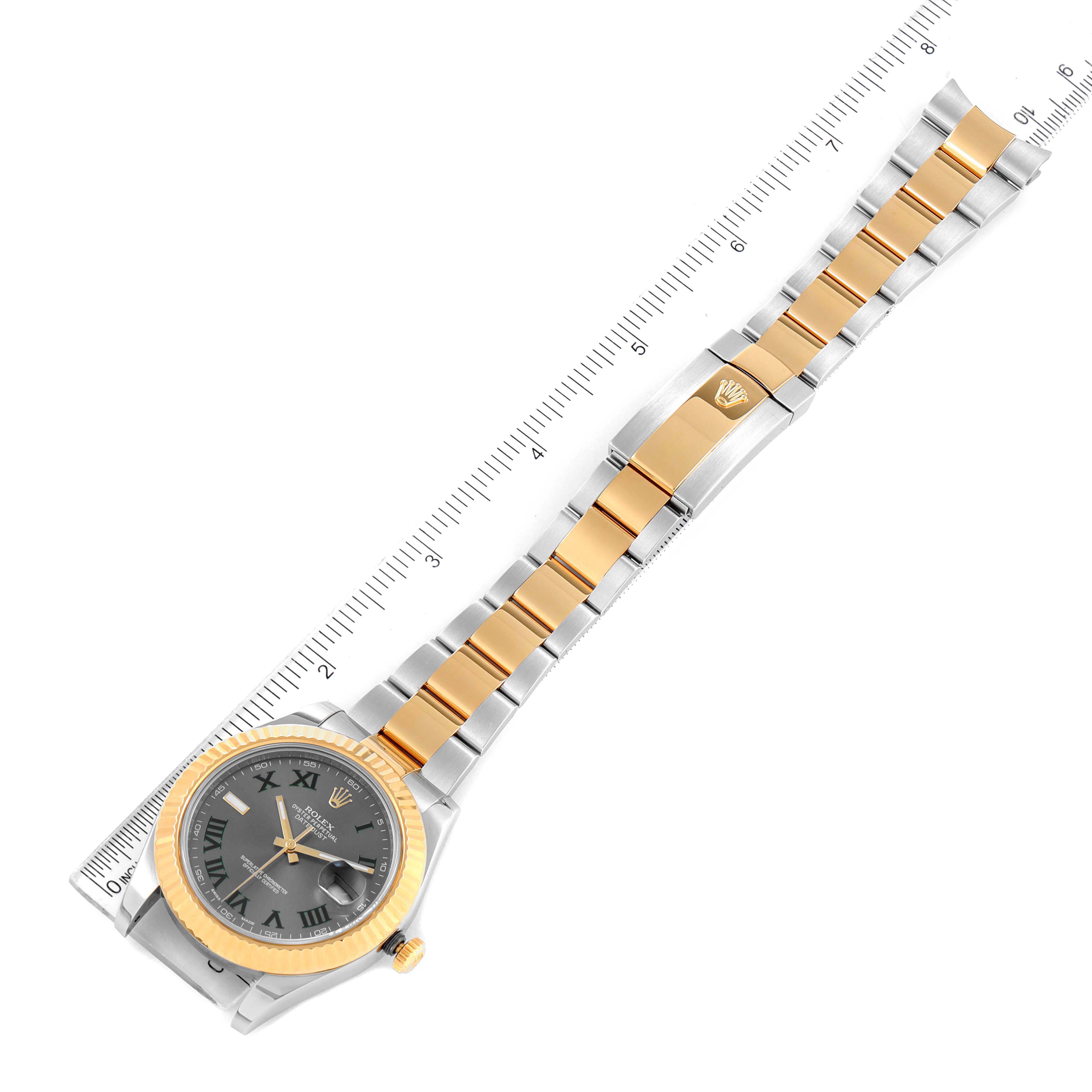 This image shows a Rolex Datejust 41 116333 Men's Steel and Gold (two tone) Grey Dial 116333 Men's Steel and Gold (two tone) Grey Dial watch with a ruler, displaying the watch face and full bracelet laid flat.