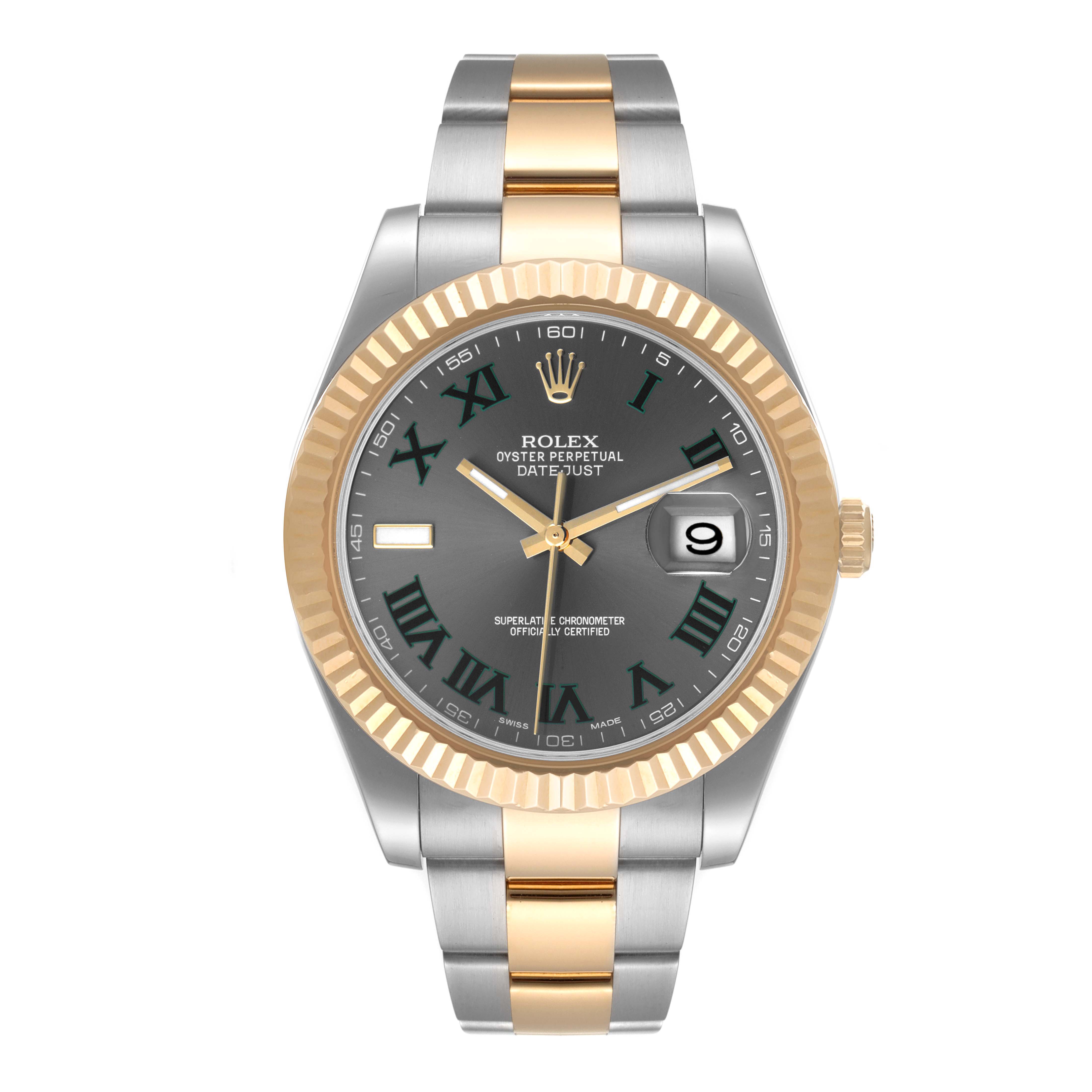 This is a front view of a Rolex Datejust 41 116333 Men's Steel and Gold (two tone) Grey Dial 116333 Men's Steel and Gold (two tone) Grey Dial watch, showcasing its dial, bezel, and bracelet.